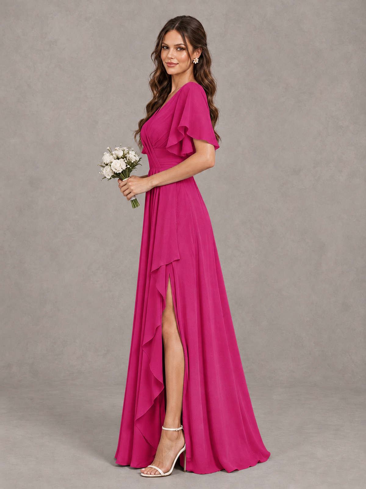 BOLODOO Fuchsia Flutter Sleeve V-Neck Bridesmaid Dress with Ruffle Slit - Fuchsia - Fuchsia_4
