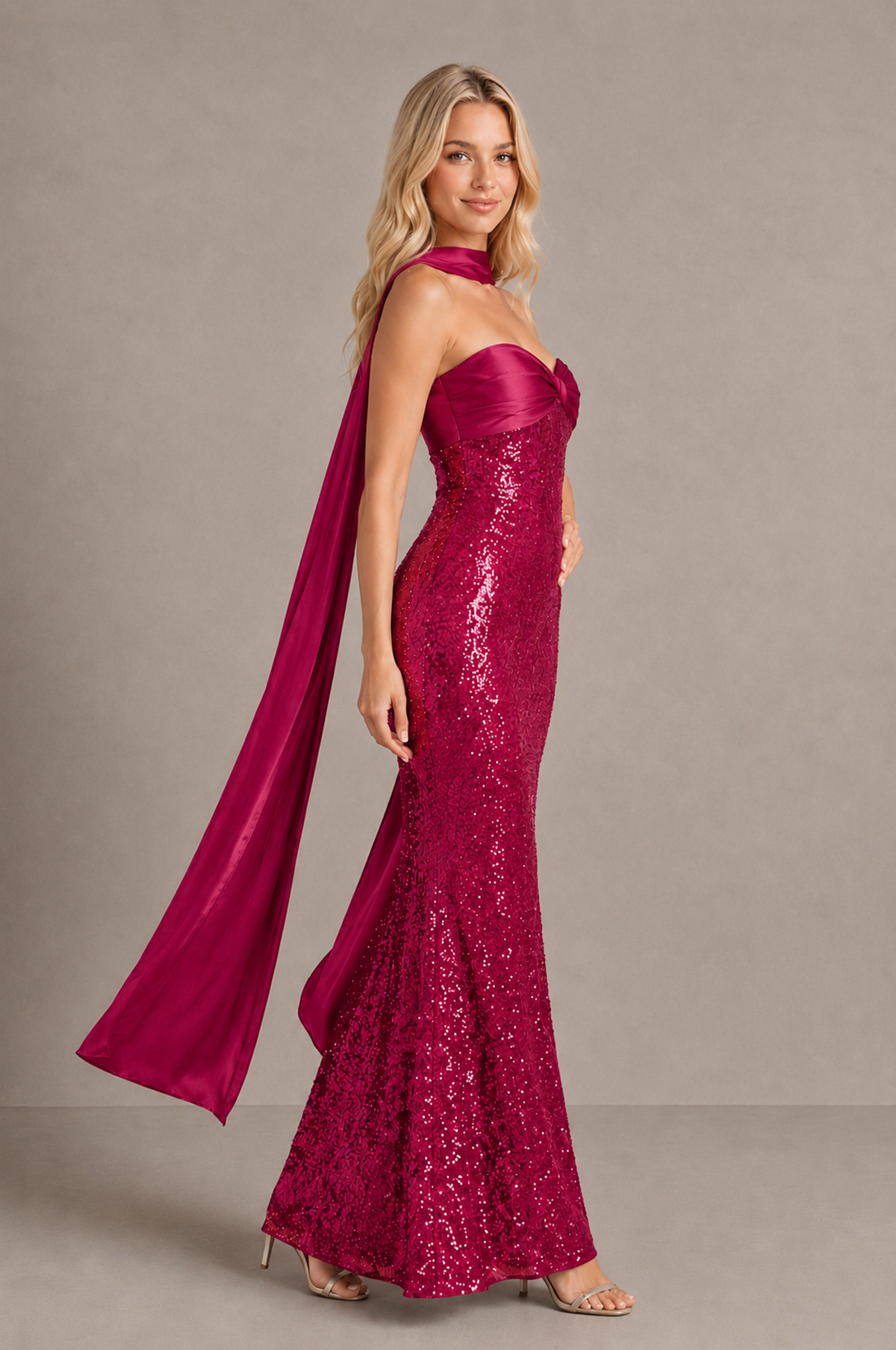 BOLODOO Fuchsia Strapless Sweetheart Evening Dress with Scarf - Fuchsia - Fuchsia_4