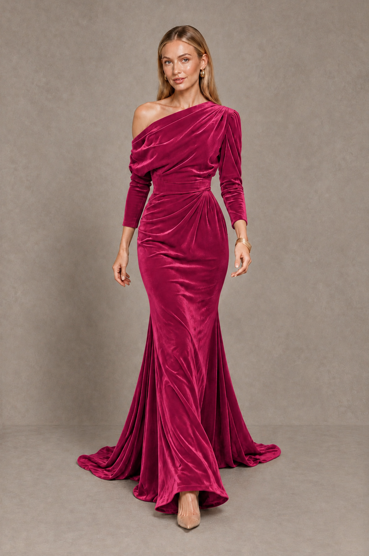 BOLODOO Fuchsia Velvet Asymmetric Neck Mermaid Evening Dress - Fuchsia - Fuchsia_5