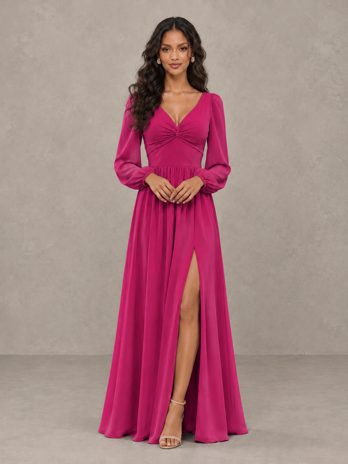 BOLODOO Fuchsia V-Neck Long Sleeve Bridesmaid Dress with Tie Back and Slit - Fuchsia - Fuchsia_5