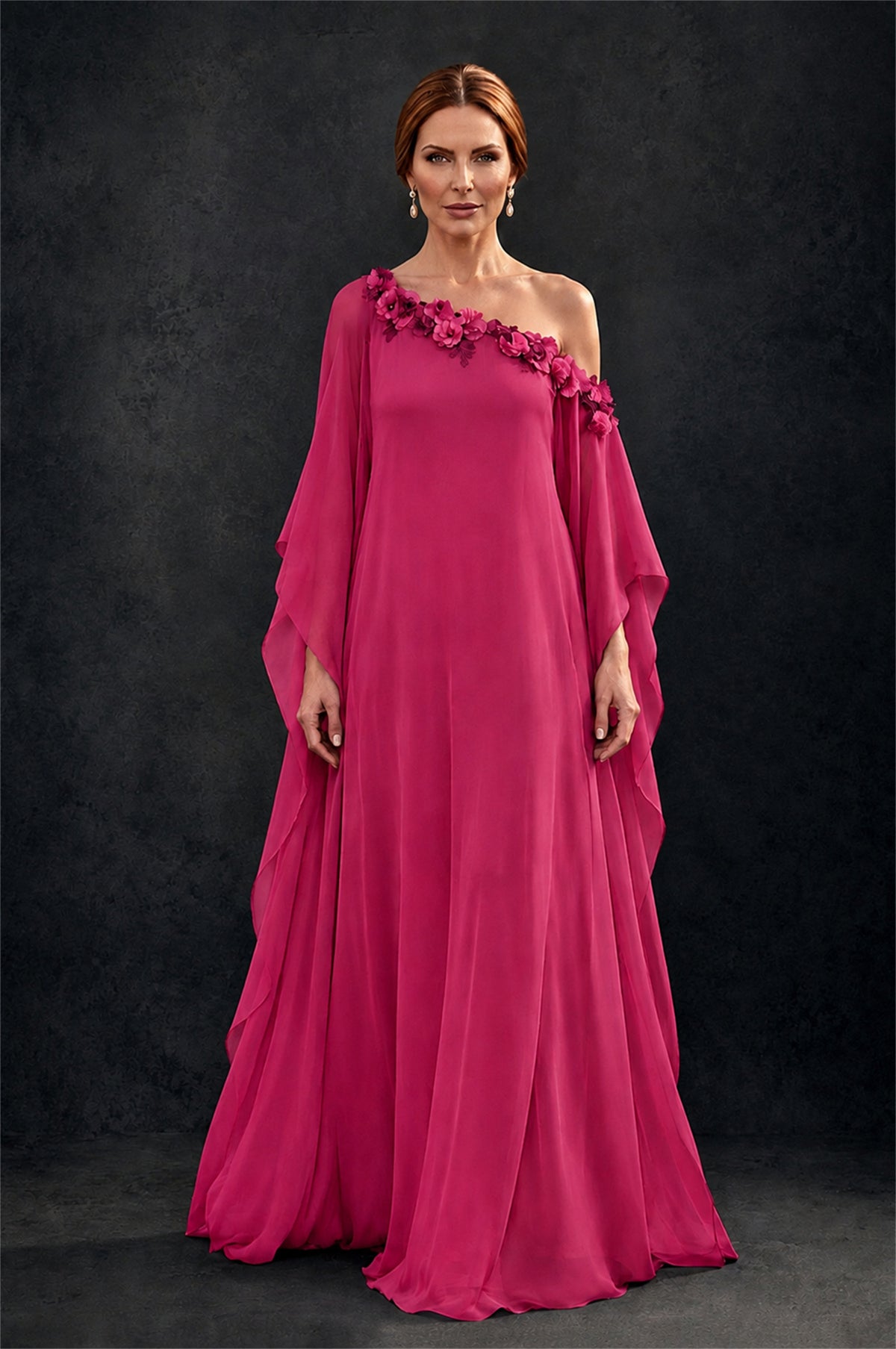 BOLODOO Fuchsia 2-Piece Set: Off-Shoulder 3D Floral Cape Gown & One-Shoulder Wide-Leg Jumpsuit | BD0373 - Fuchsia