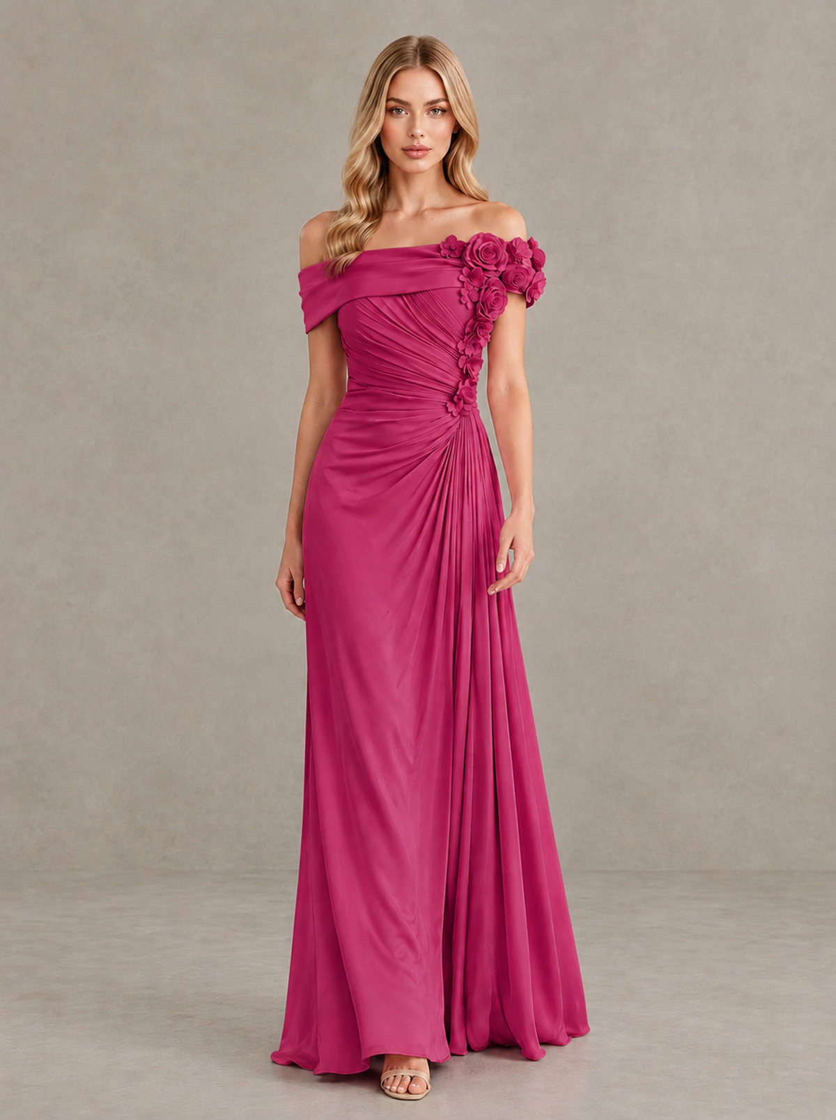 BOLODOO Fuchsia Off-Shoulder Floral Applique Wedding Guest Maxi Dress - Fuchsia - Fuchsia (1)