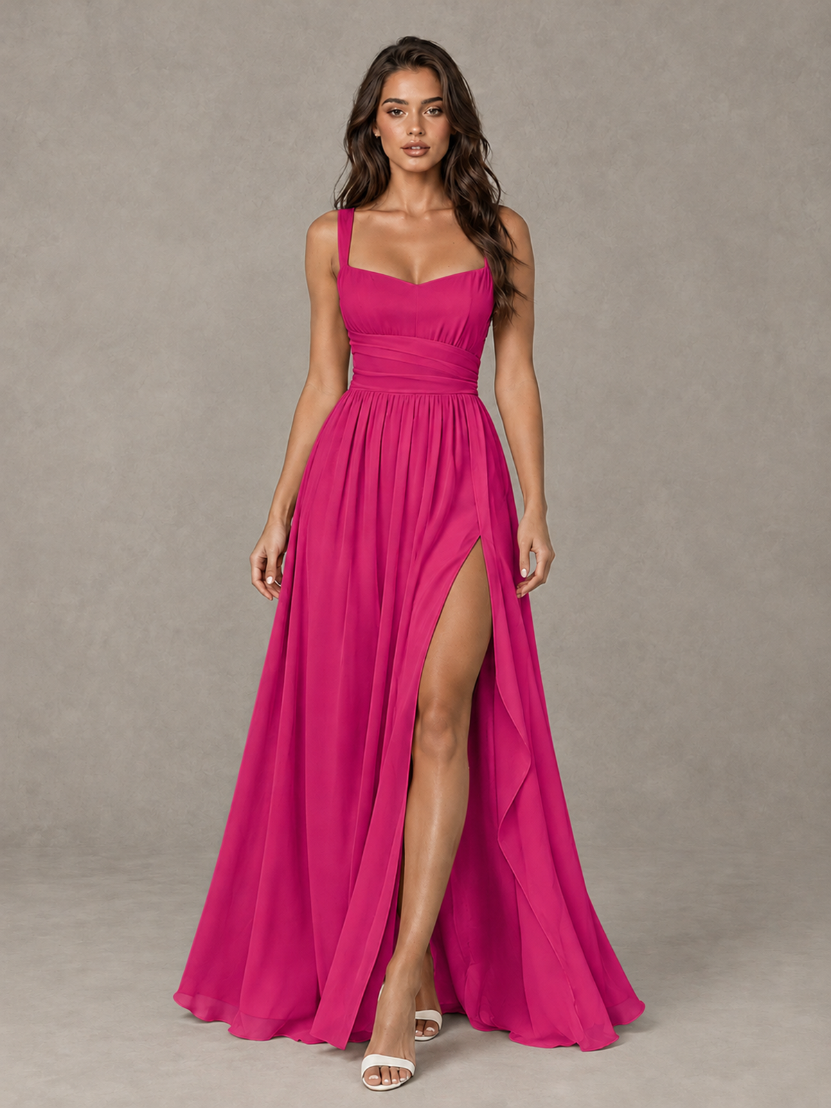 BOLODOO Fuchsia A-Line Bridesmaid Dress with High Slit & Lace-Up Back - Fuchsia - Fuchsia (1)