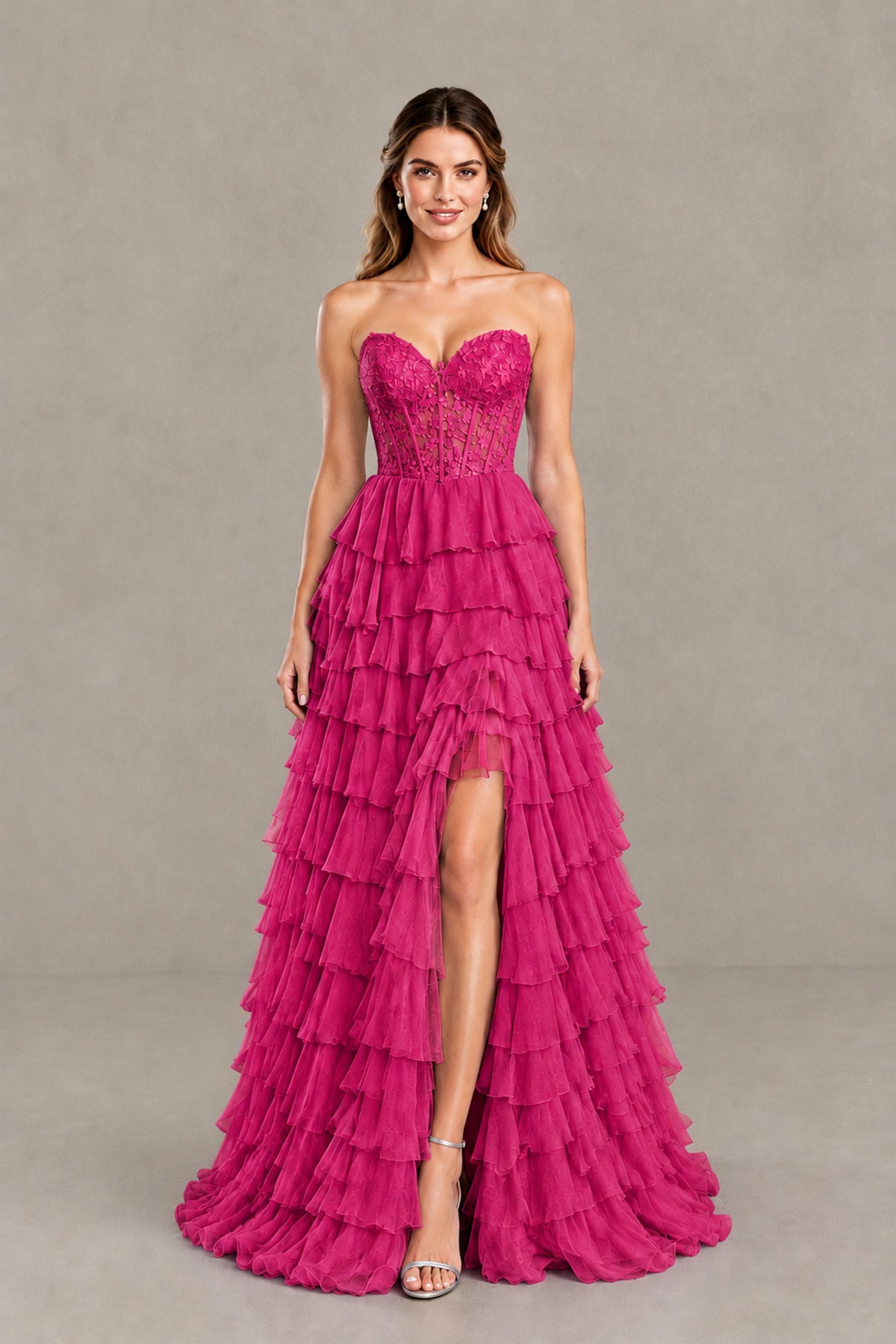 BOLODOO Fuchsia Strapless Lace Corset Tiered Ruffle Prom Dress with Slit - Fuchsia - Fuchsia (1)
