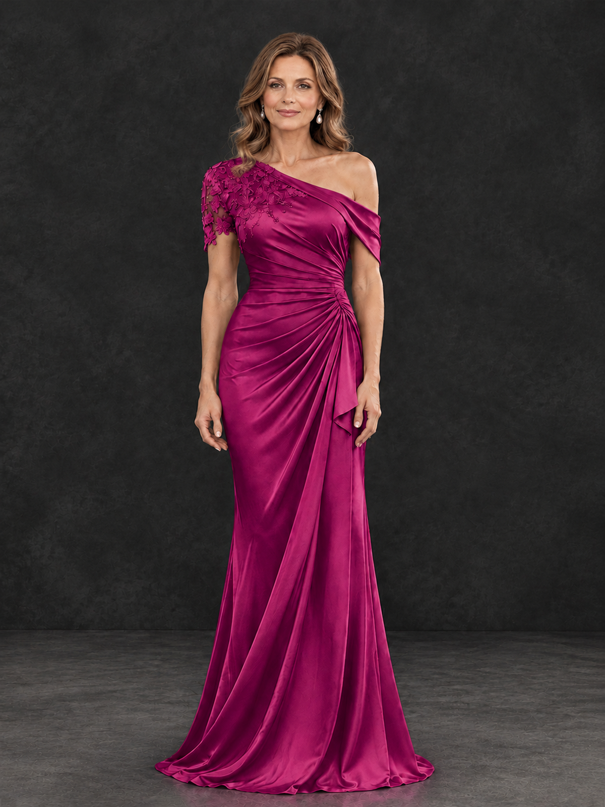 BOLODOO Fuchsia Asymmetric Satin Mother of the Bride Dress with Lace Sleeve - Fuchsia - Fuchsia (1)