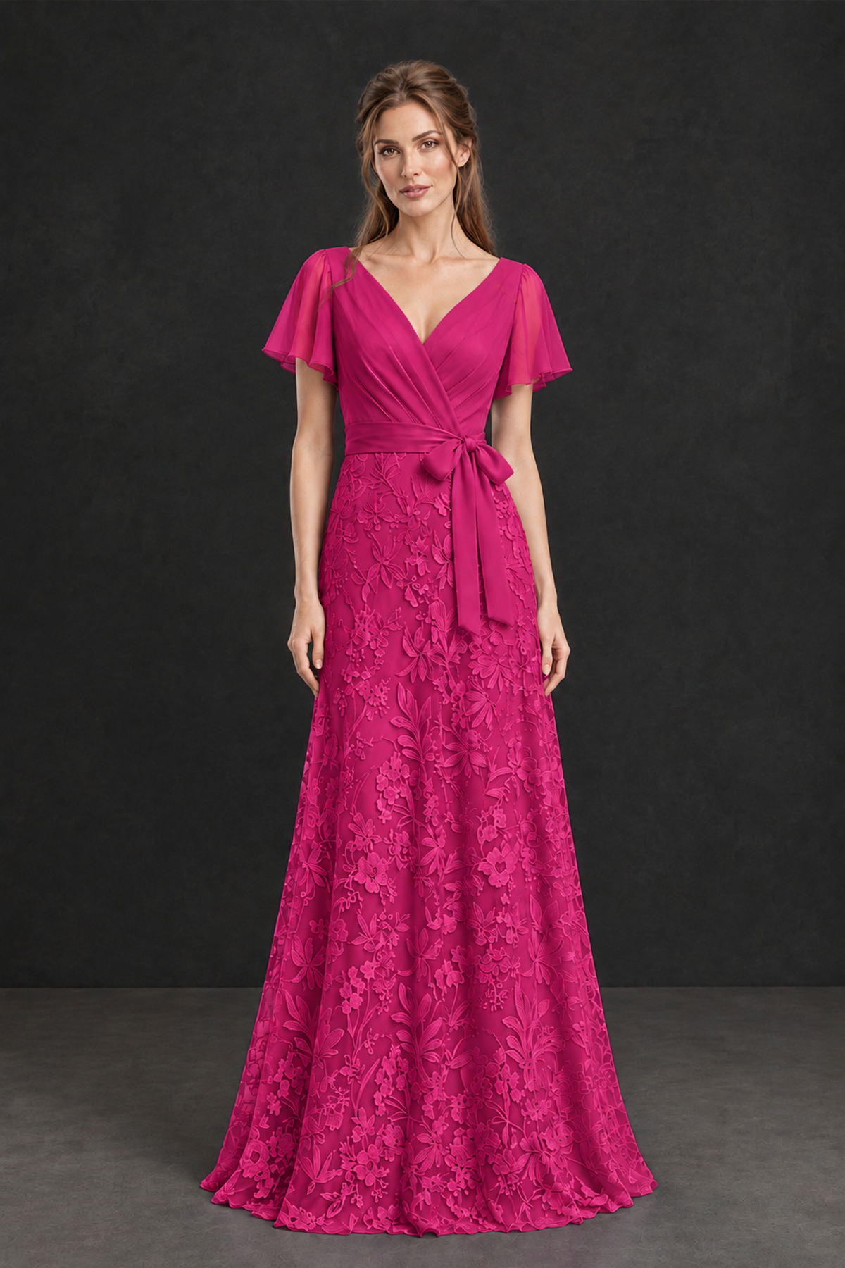 BOLODOO Fuchsia Flutter Sleeve Lace Mother of the Bride Dress - Fuchsia