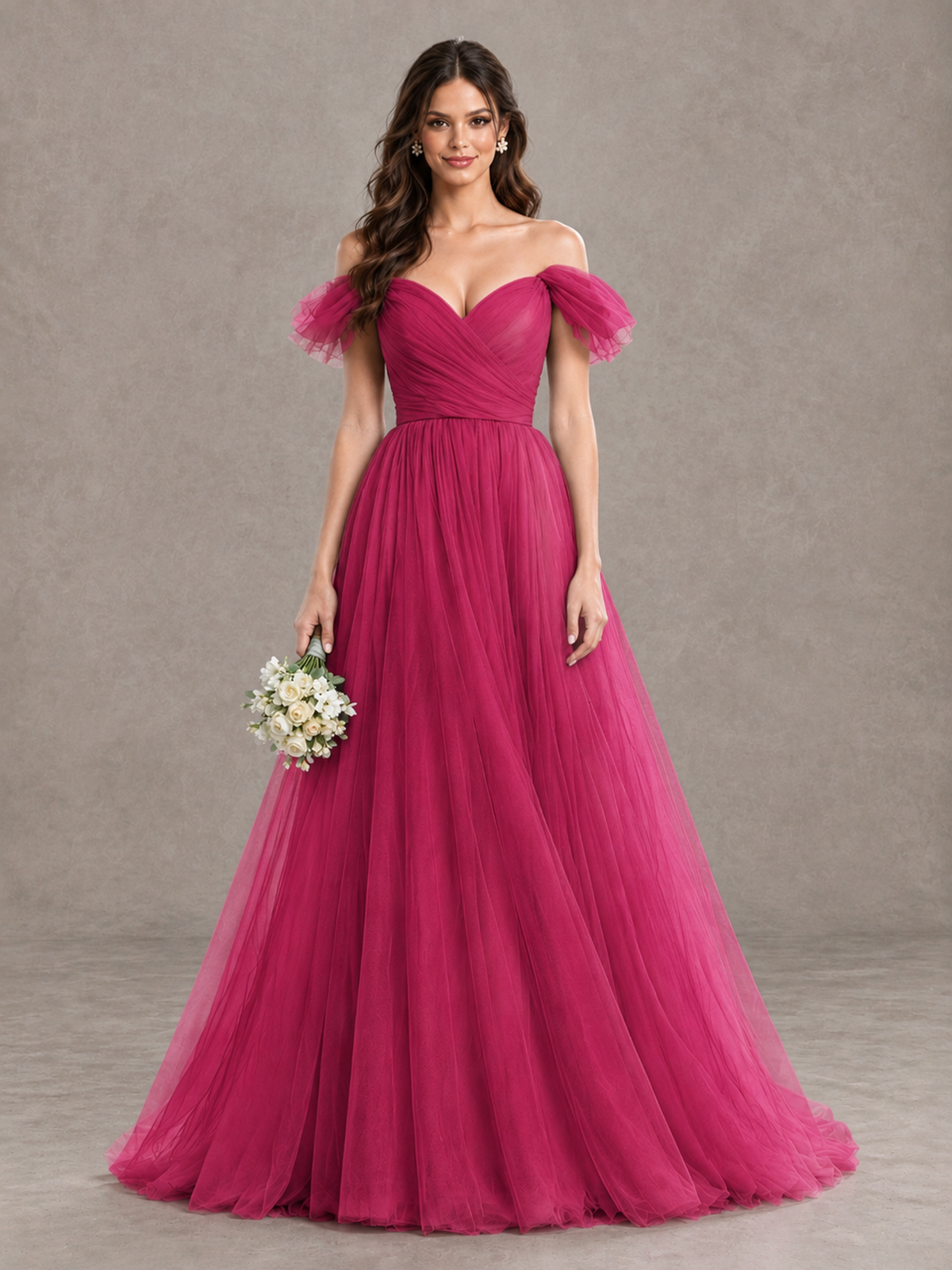 BOLODOO Fuchsia Off-the-Shoulder Ruffle Sleeve A-Line Bridesmaid Dress - Fuchsia - Fuchsia (1)