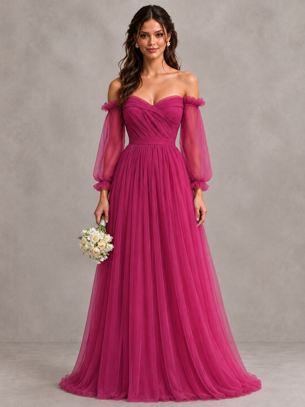 BOLODOO Fuchsia Off-the-Shoulder Long Sleeve A-Line Bridesmaid Dress - Fuchsia - Fuchsia (1)