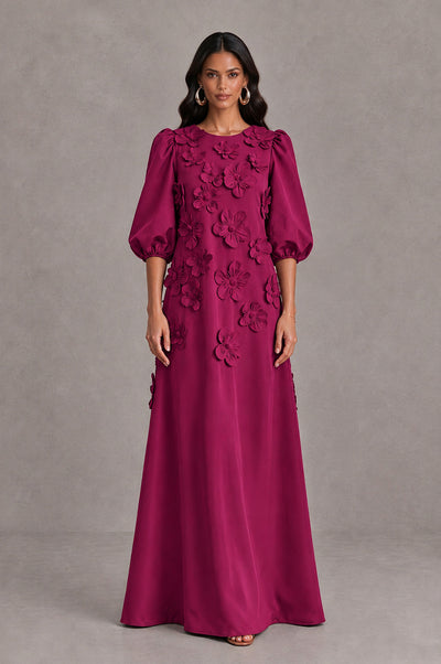 BOLODOO Fuchsia Floral Applique Puff Sleeve A-Line Evening Dress - Fuchsia - Fuchsia (1)