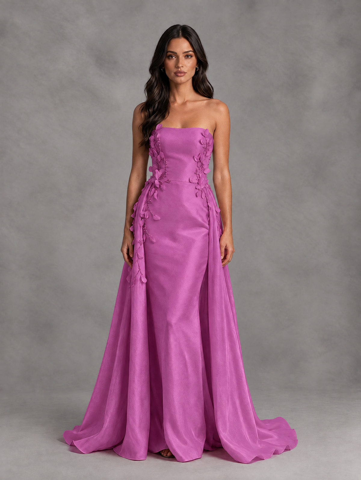 BOLODOO Fuchsia Strapless Floral Applique Prom Dress with Overskirt - Fuchsia - Fuchsia (1)