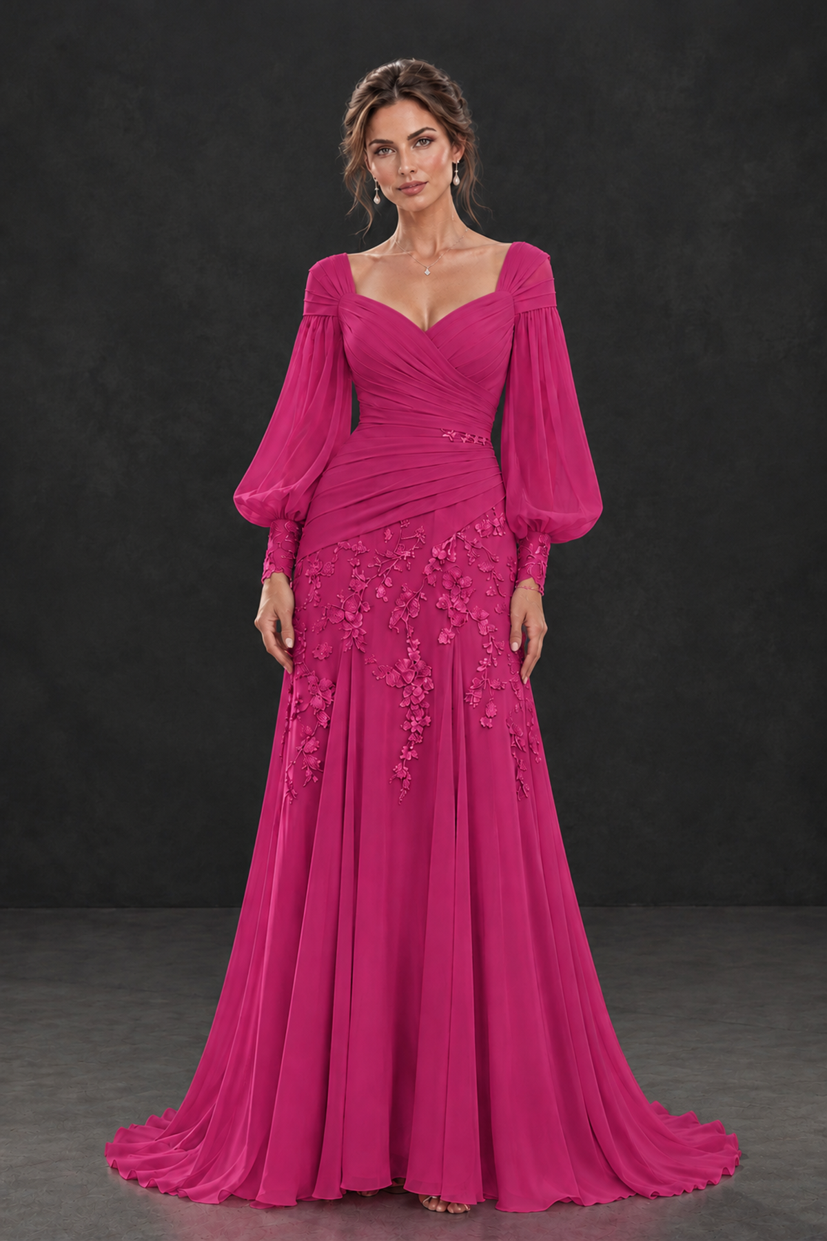 BOLODOO Fuchsia Long Sleeve Mother of the Bride Dress with Floral Appliqués - Fuchsia - Fuchsia (1)