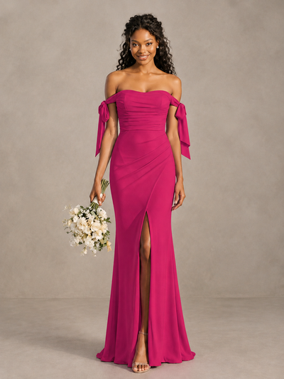 Fuchsia Off-Shoulder Bow Bridesmaid Dress with Slit - Fuchsia - Fuchsia (1)