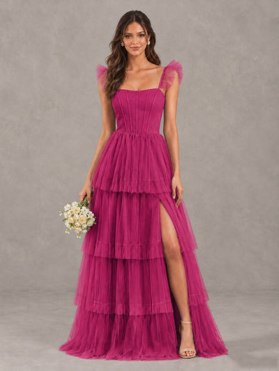 BOLODOO Fuchsia Tiered Tulle Bridesmaid Dress with Slit - Fuchsia - Fuchsia (1)