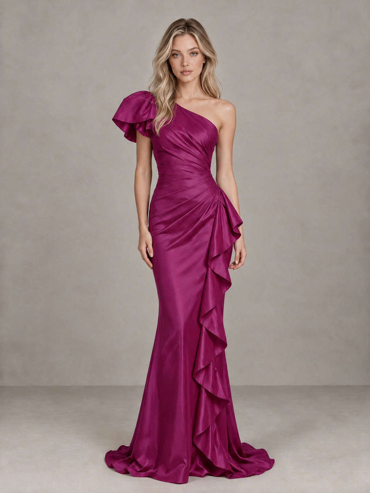 BOLODOO Fuchsia One-Shoulder Satin-Look Mermaid Evening Dress with Ruffles - Fuchsia - Fuchsia (1)