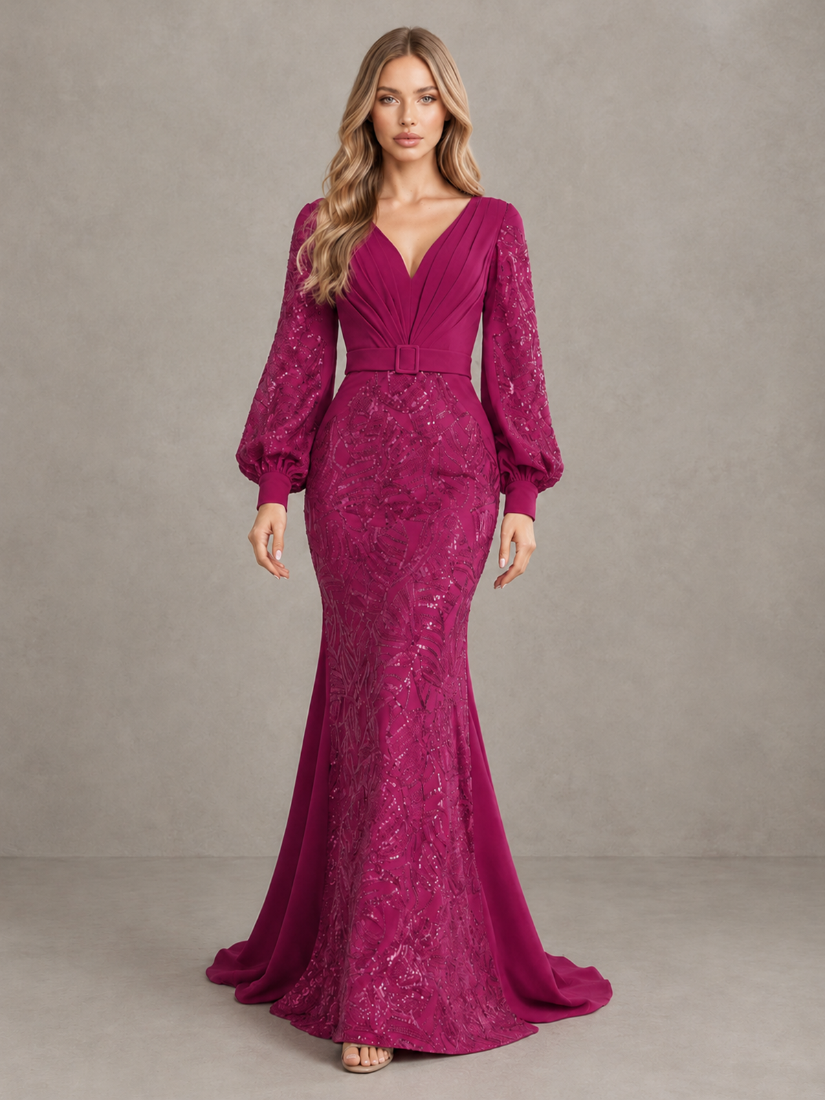 BOLODOO Fuchsia Sequin Long Bishop Sleeve Mermaid Evening Dress - Fuchsia - Fuchsia (1)