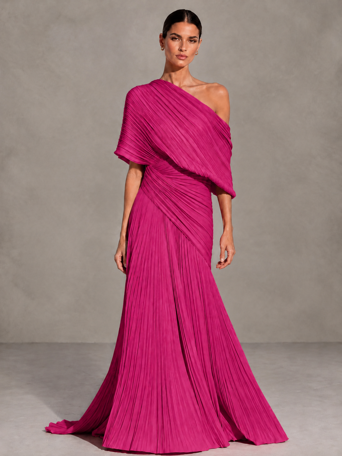 BOLODOO Fuchsia One-Shoulder Pleated Cape Evening Gown with Train - Fuchsia - Fuchsia (1)