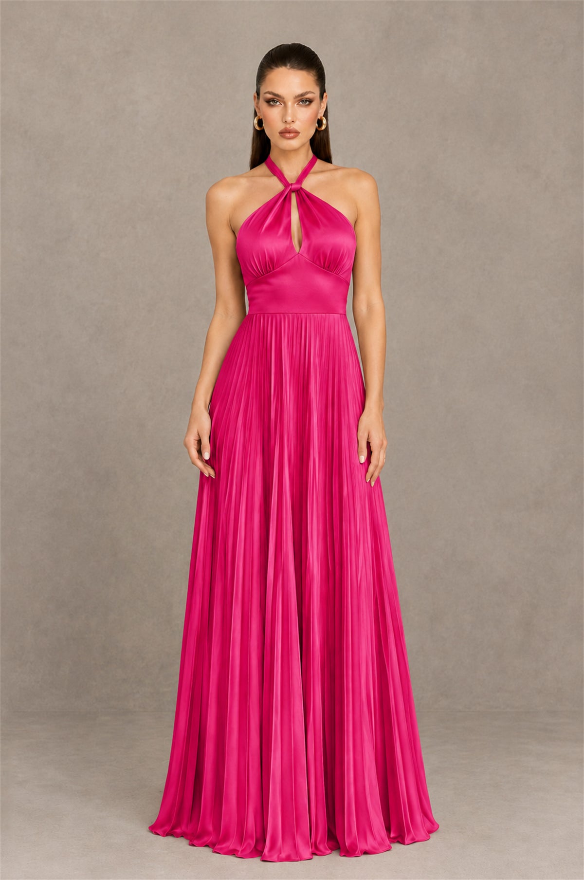 BOLODOO Fuchsia Halter Pleated A-Line Evening Dress - Fuchsia