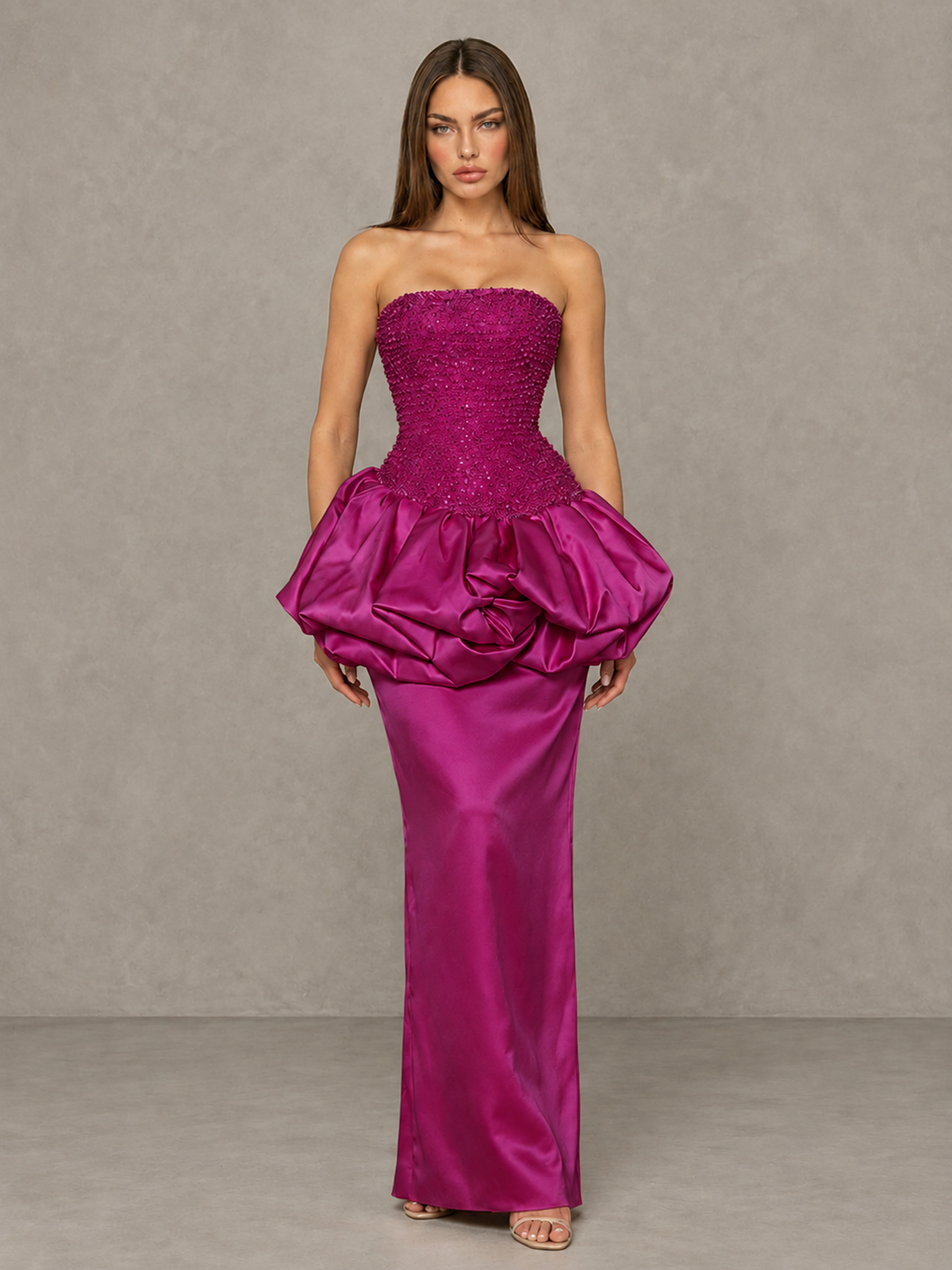 BOLODOO Fuchsia Strapless Embellished Bubble Peplum Evening Dress - Fuchsia - Fuchsia (1)