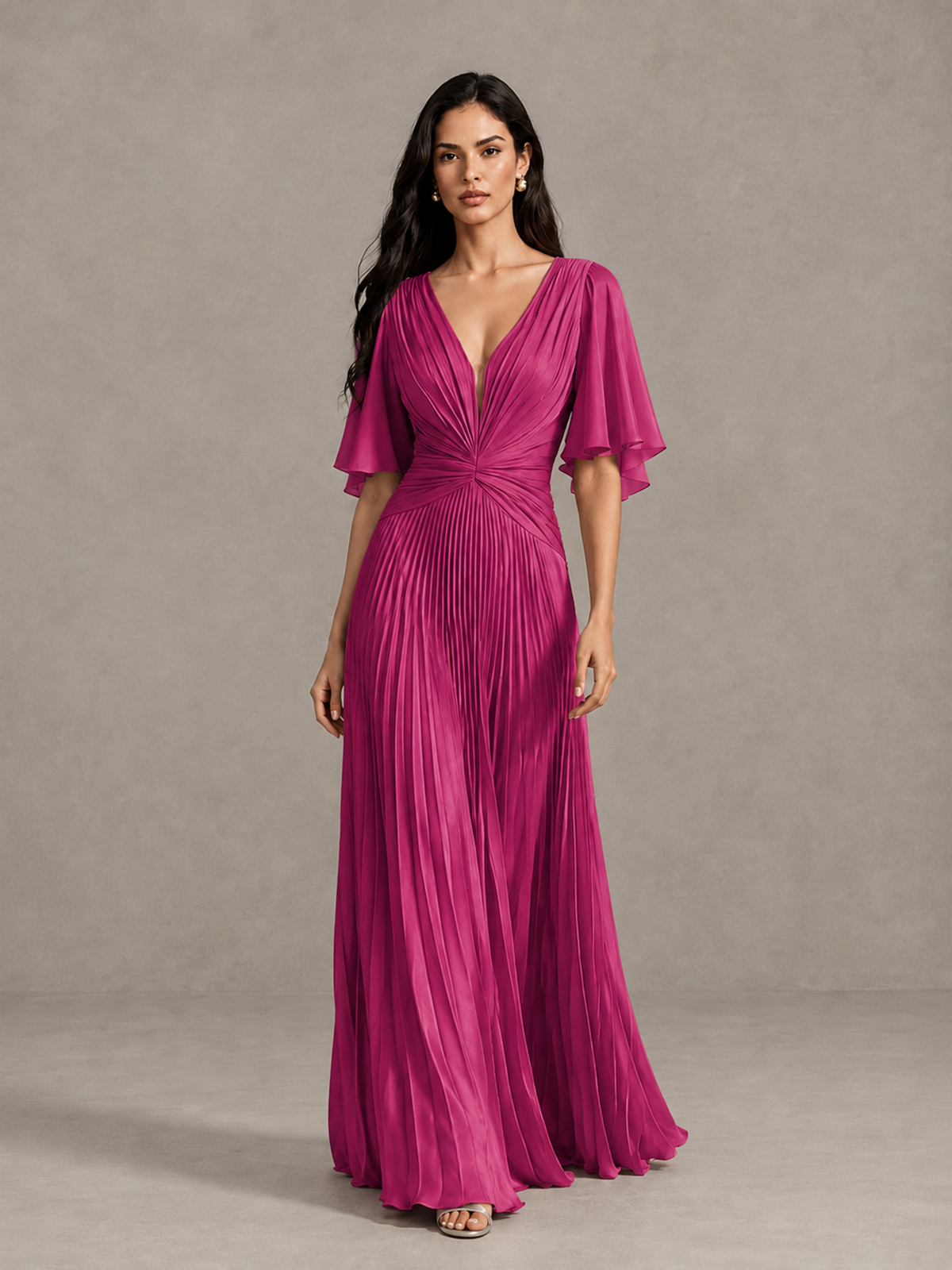 BOLODOO Fuchsia Pleated V-Neck Flutter Sleeve Bridesmaid Dress - Fuchsia - Fuchsia (1)