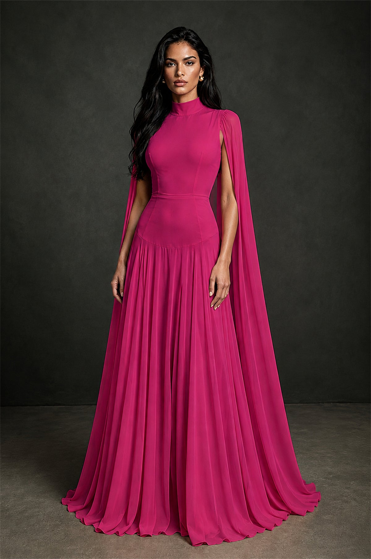 BOLODOO Fuchsia Mock Neck Cape Sleeve A-Line Chiffon Maxi Dress - Fuchsia - Fuchsia (1)