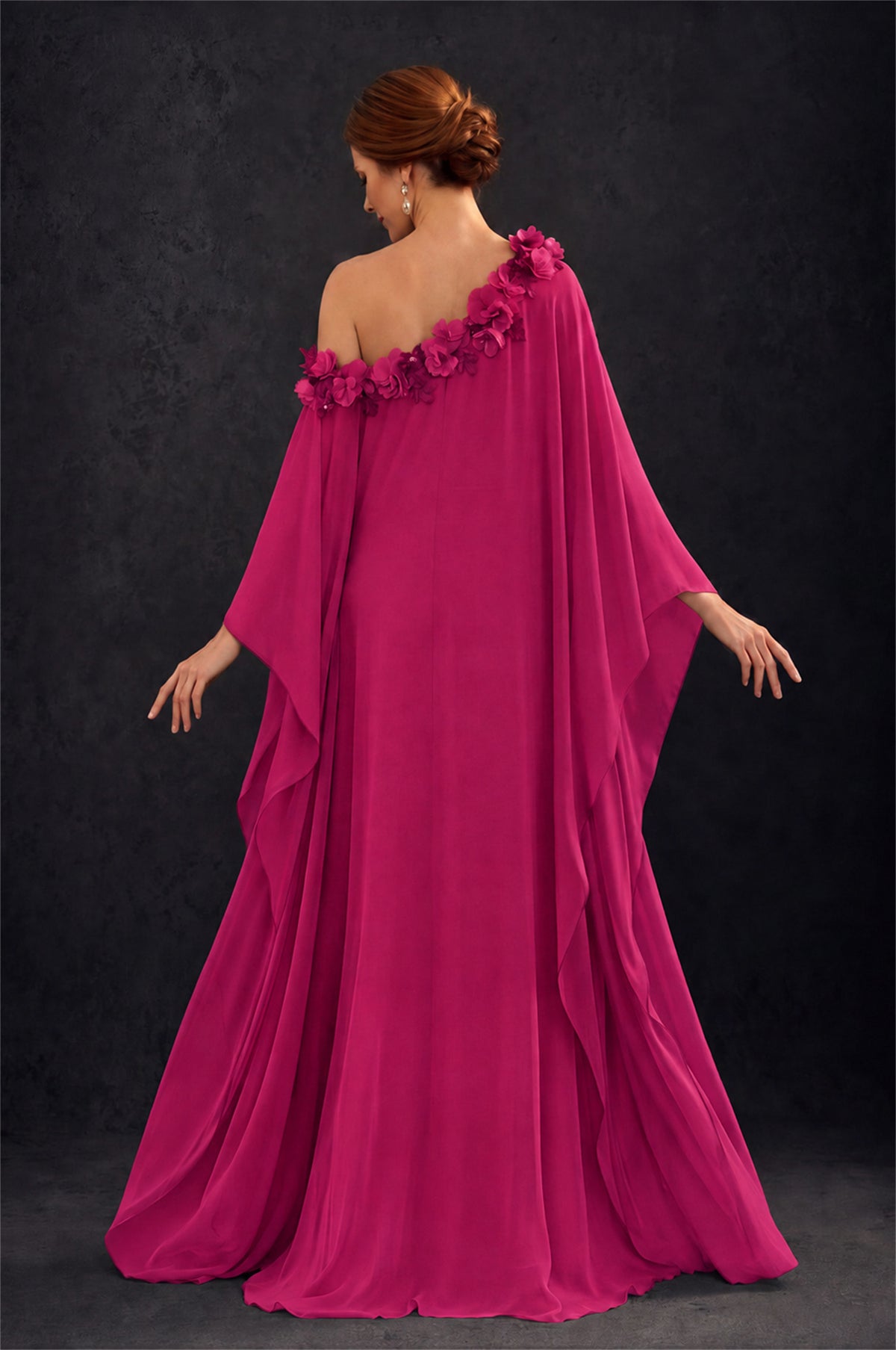 BOLODOO Fuchsia 2-Piece Set: Off-Shoulder 3D Floral Cape Gown & One-Shoulder Wide-Leg Jumpsuit | BD0373 - Fuchsia