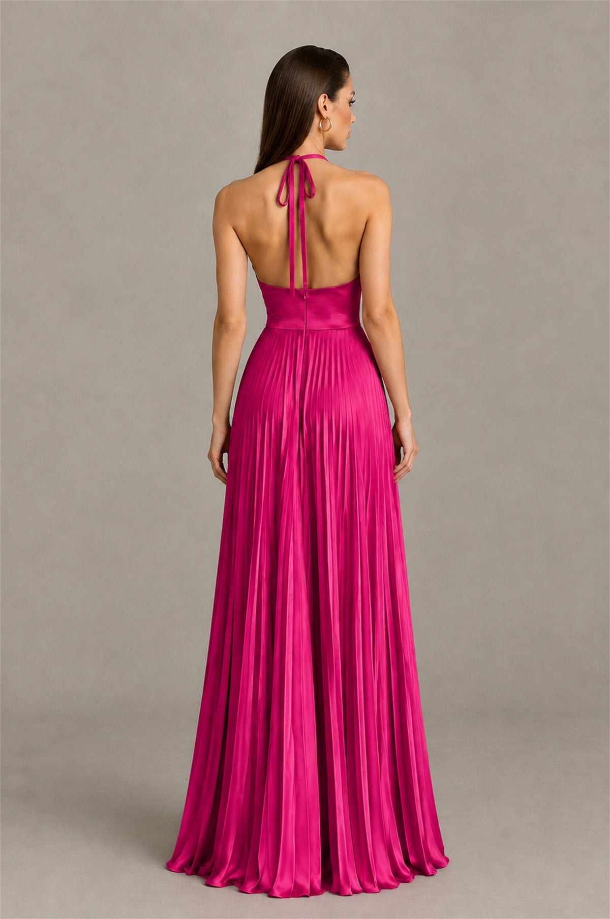 BOLODOO Fuchsia Halter Pleated A-Line Evening Dress - Fuchsia