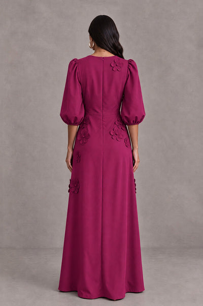 BOLODOO Fuchsia Floral Applique Puff Sleeve A-Line Evening Dress - Fuchsia - Fuchsia (2)
