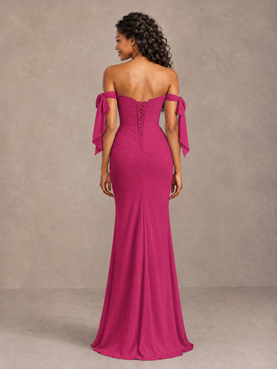 Fuchsia Off-Shoulder Bow Bridesmaid Dress with Slit - Fuchsia - Fuchsia (2)