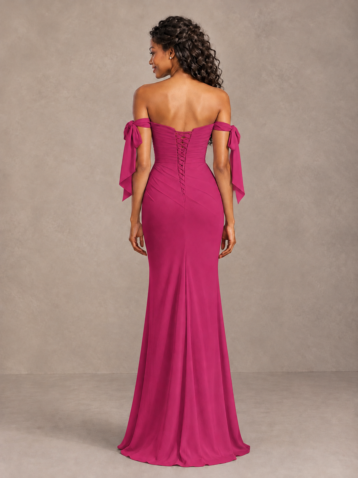 Fuchsia Off-Shoulder Bow Bridesmaid Dress with Slit - Fuchsia - Fuchsia (2)