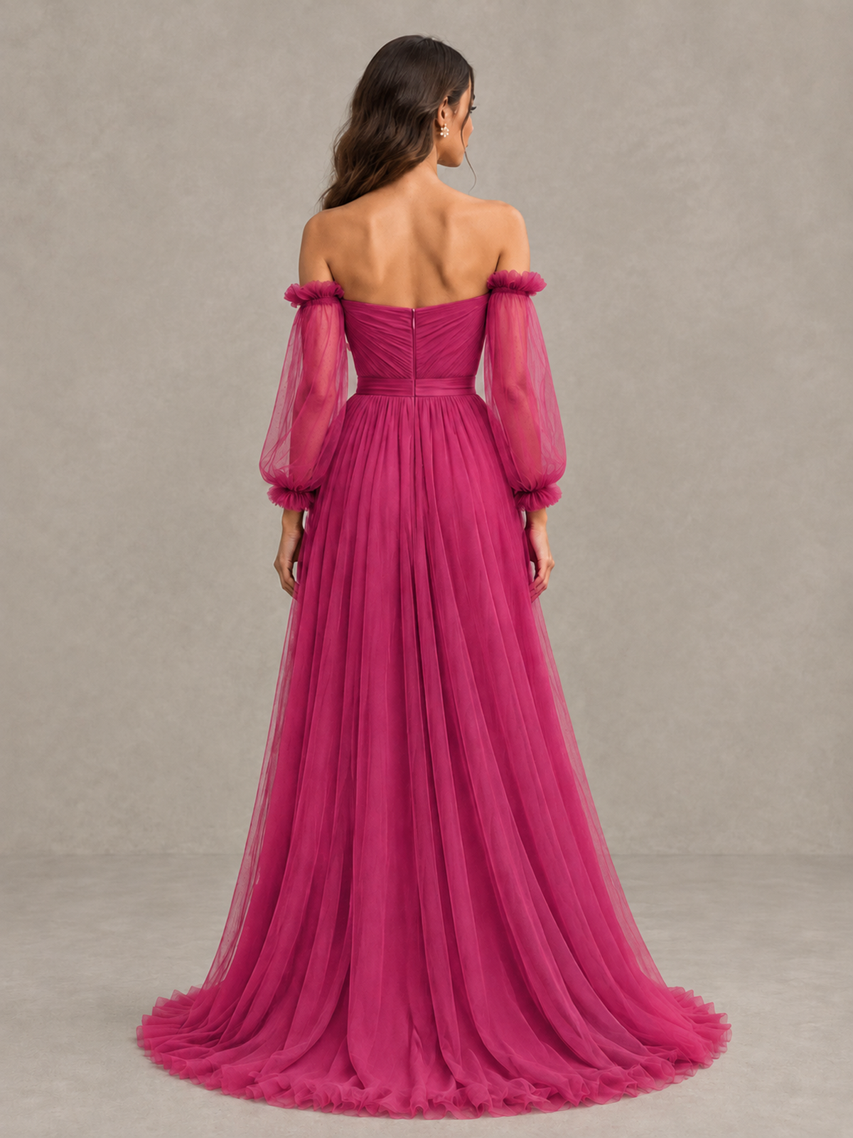 BOLODOO Fuchsia Off-the-Shoulder Long Sleeve A-Line Bridesmaid Dress - Fuchsia - Fuchsia (2)