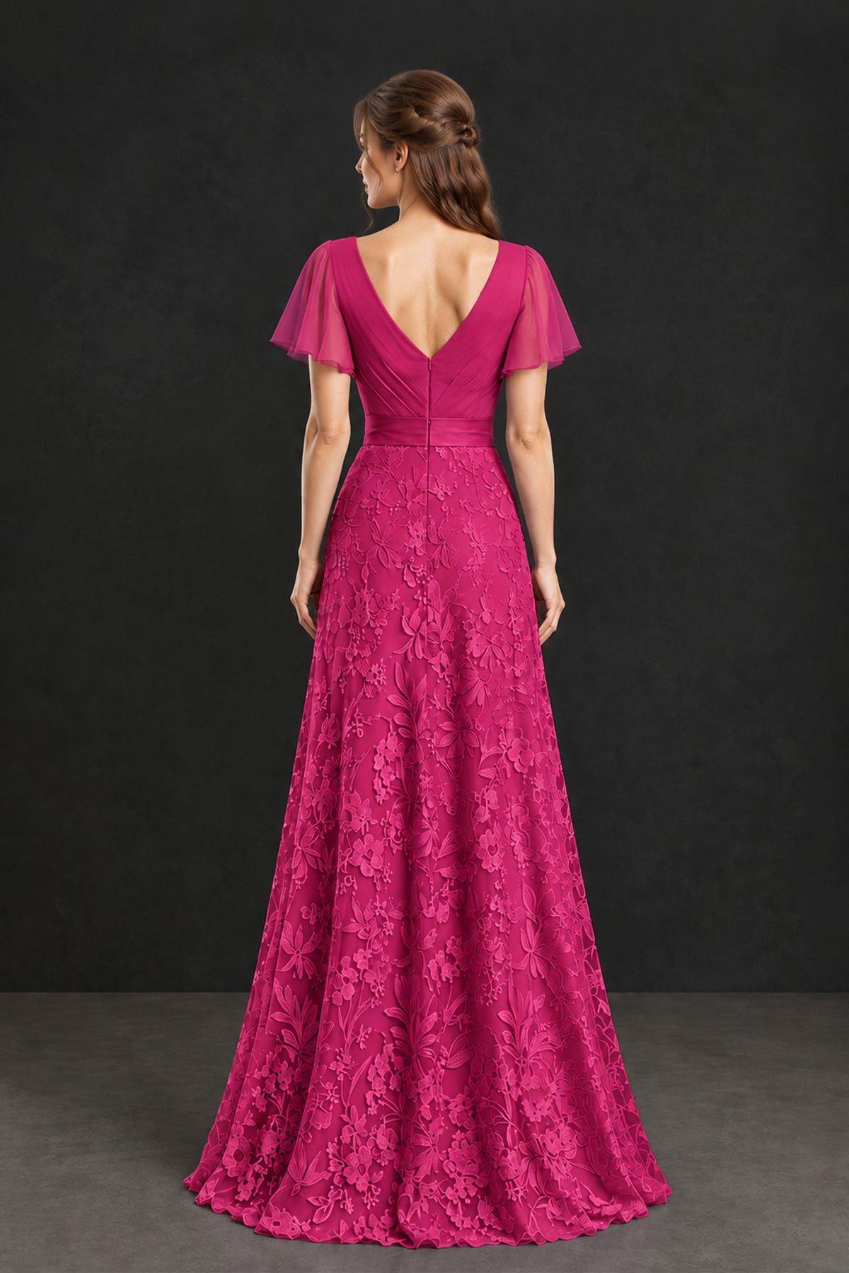 BOLODOO Fuchsia Flutter Sleeve Lace Mother of the Bride Dress - Fuchsia