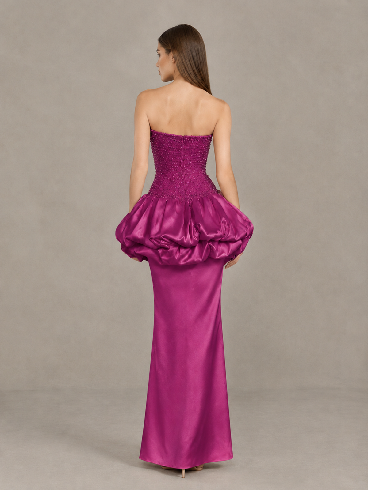 BOLODOO Fuchsia Strapless Embellished Bubble Peplum Evening Dress - Fuchsia - Fuchsia (2)