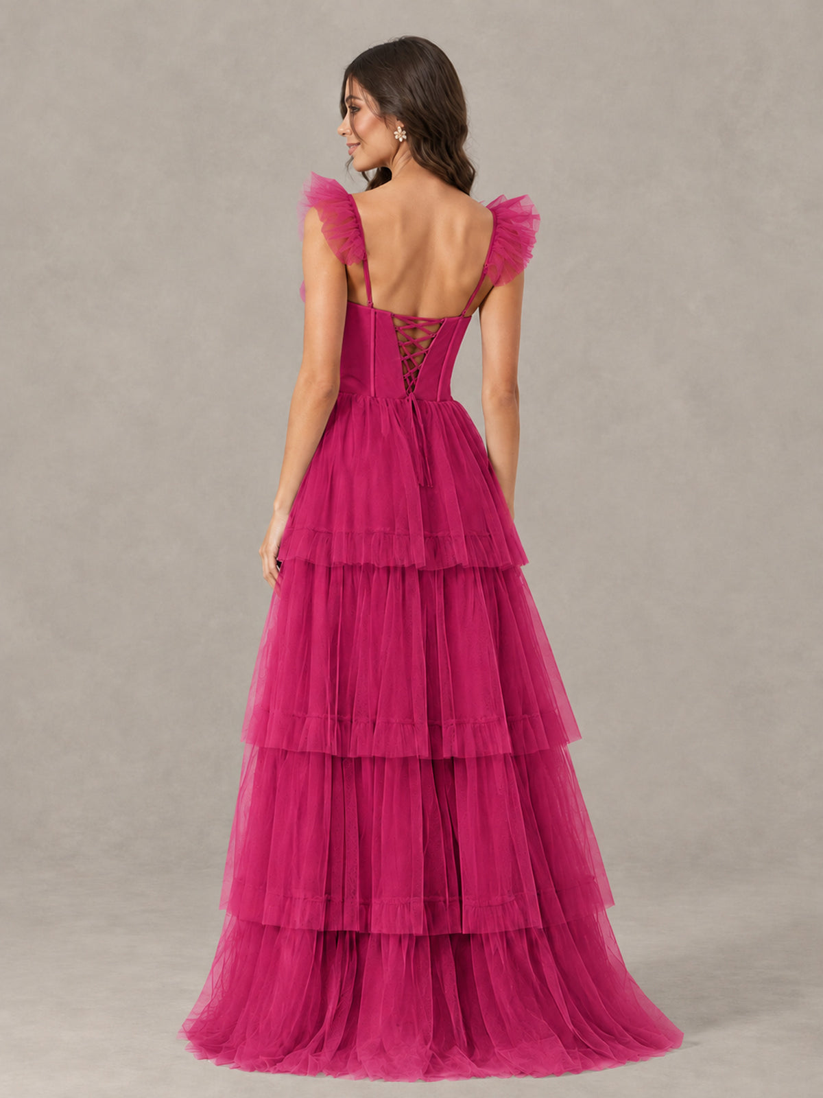 BOLODOO Fuchsia Tiered Tulle Bridesmaid Dress with Slit - Fuchsia - Fuchsia (2)