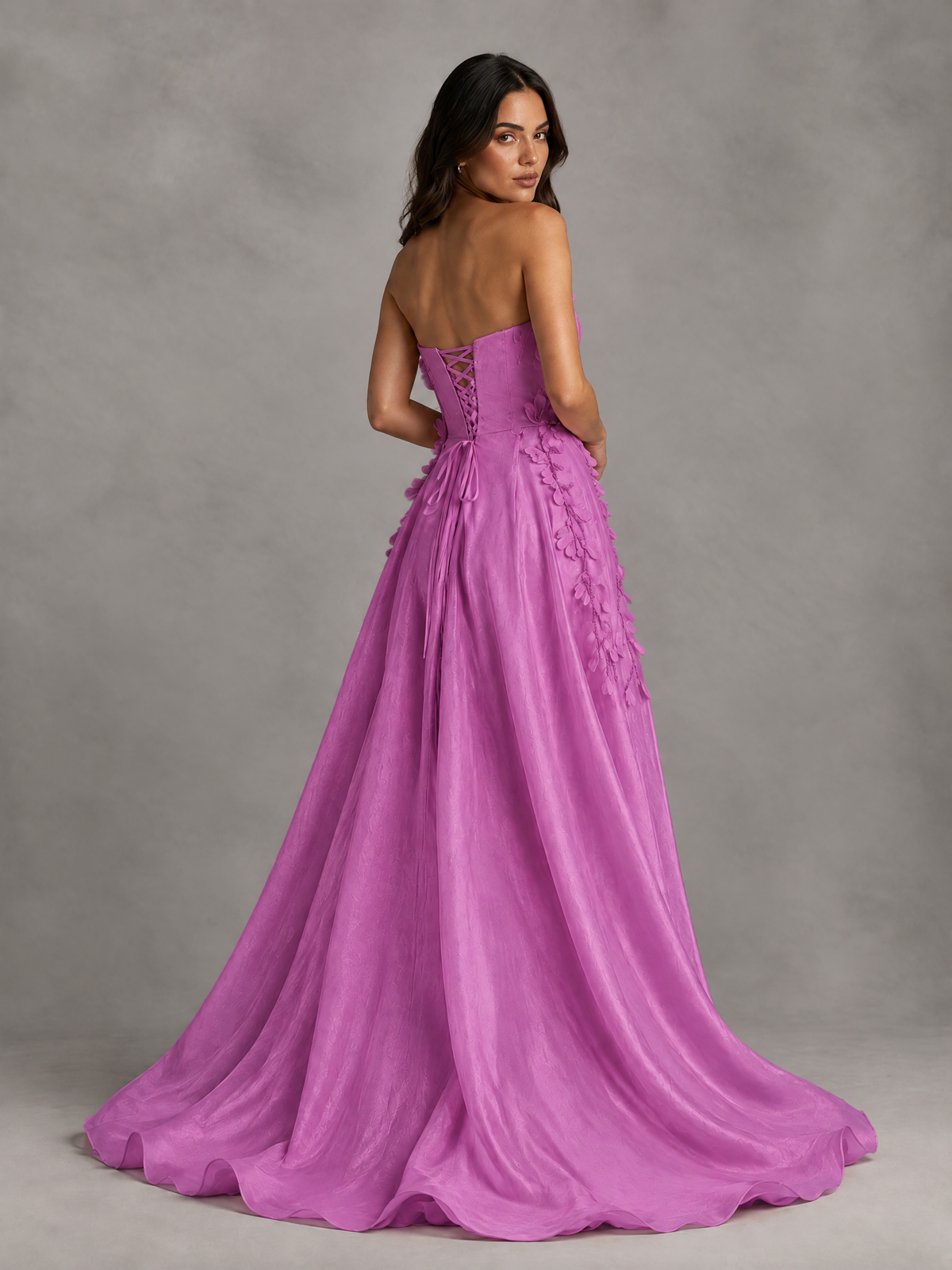BOLODOO Fuchsia Strapless Floral Applique Prom Dress with Overskirt - Fuchsia - Fuchsia (2)