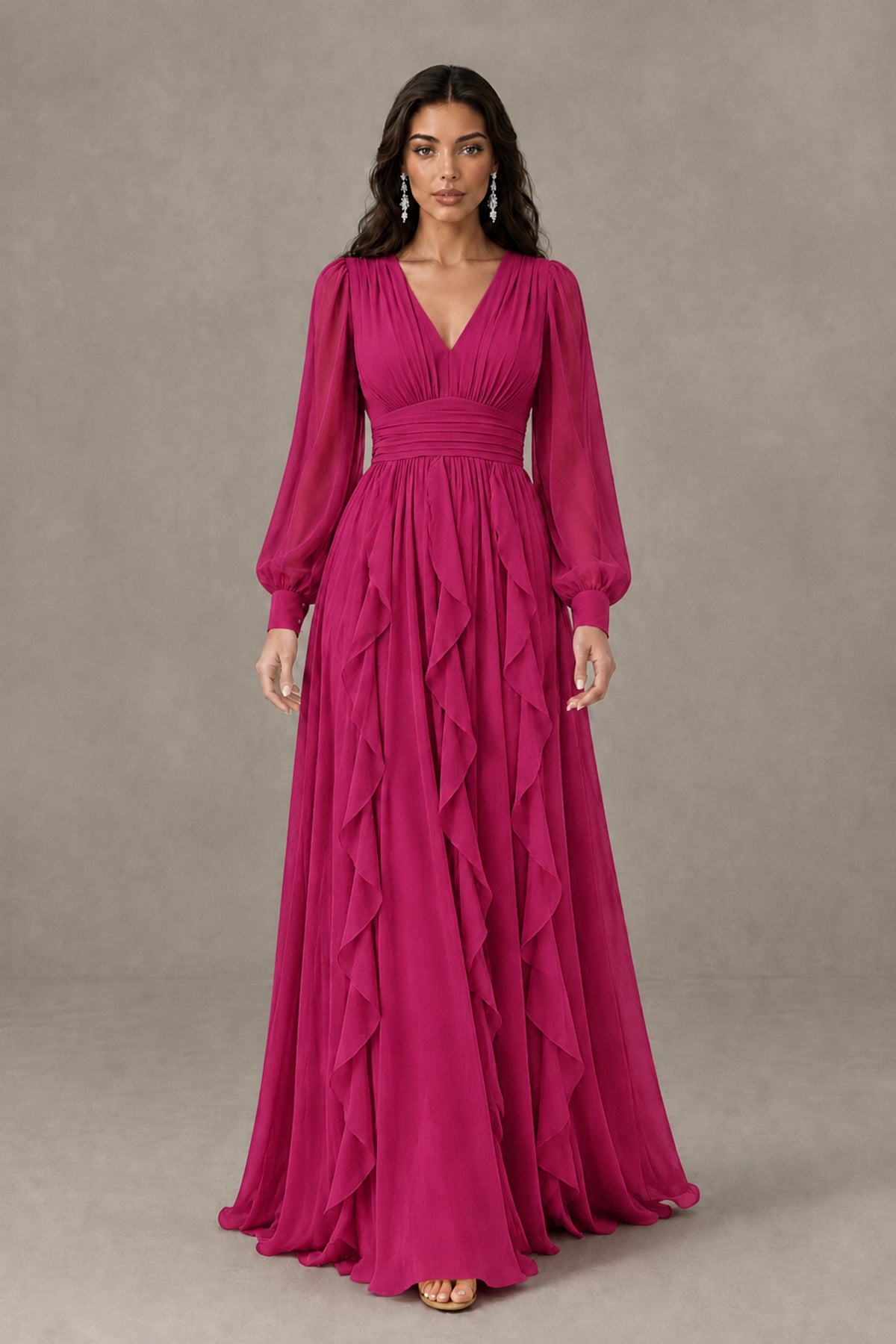 BOLODOO Fuchsia Long Sleeve V-Neck Ruffle Maxi Dress - Fuchsia - Fuchsia (2)
