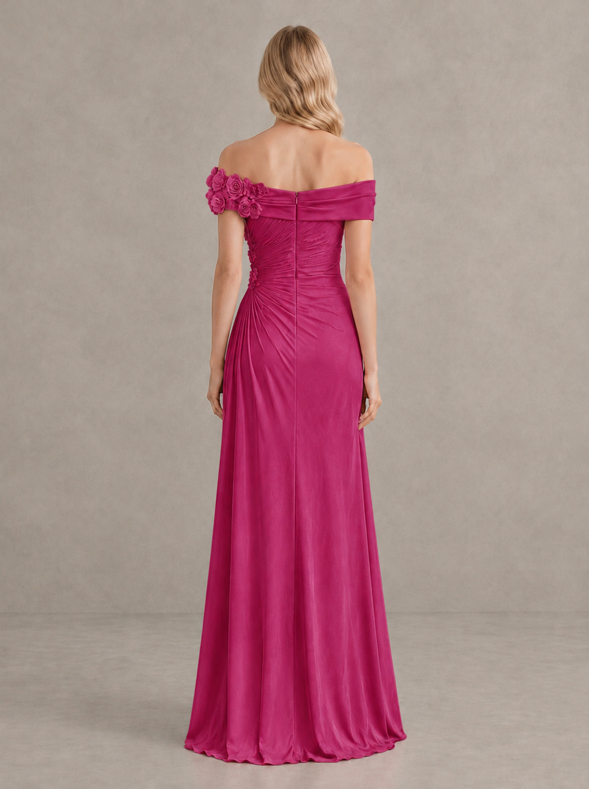 BOLODOO Fuchsia Off-Shoulder Floral Applique Wedding Guest Maxi Dress - Fuchsia - Fuchsia (2)