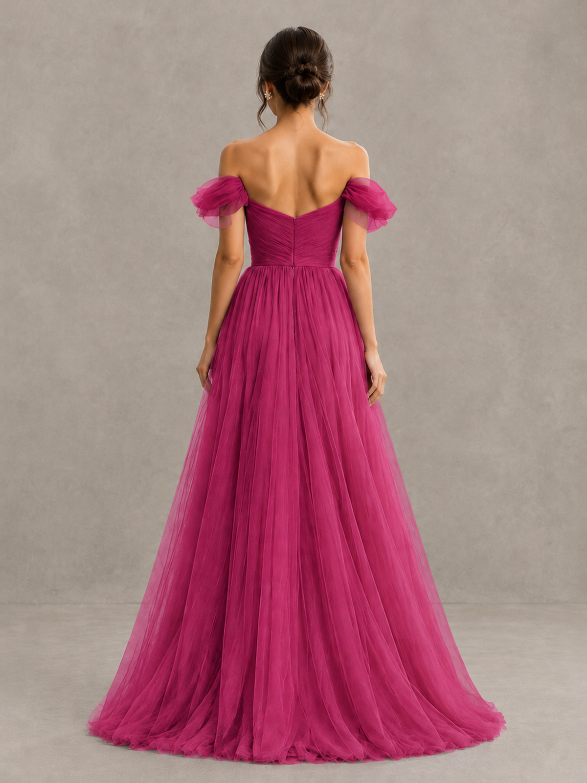 BOLODOO Fuchsia Off-the-Shoulder Ruffle Sleeve A-Line Bridesmaid Dress - Fuchsia - Fuchsia (2)