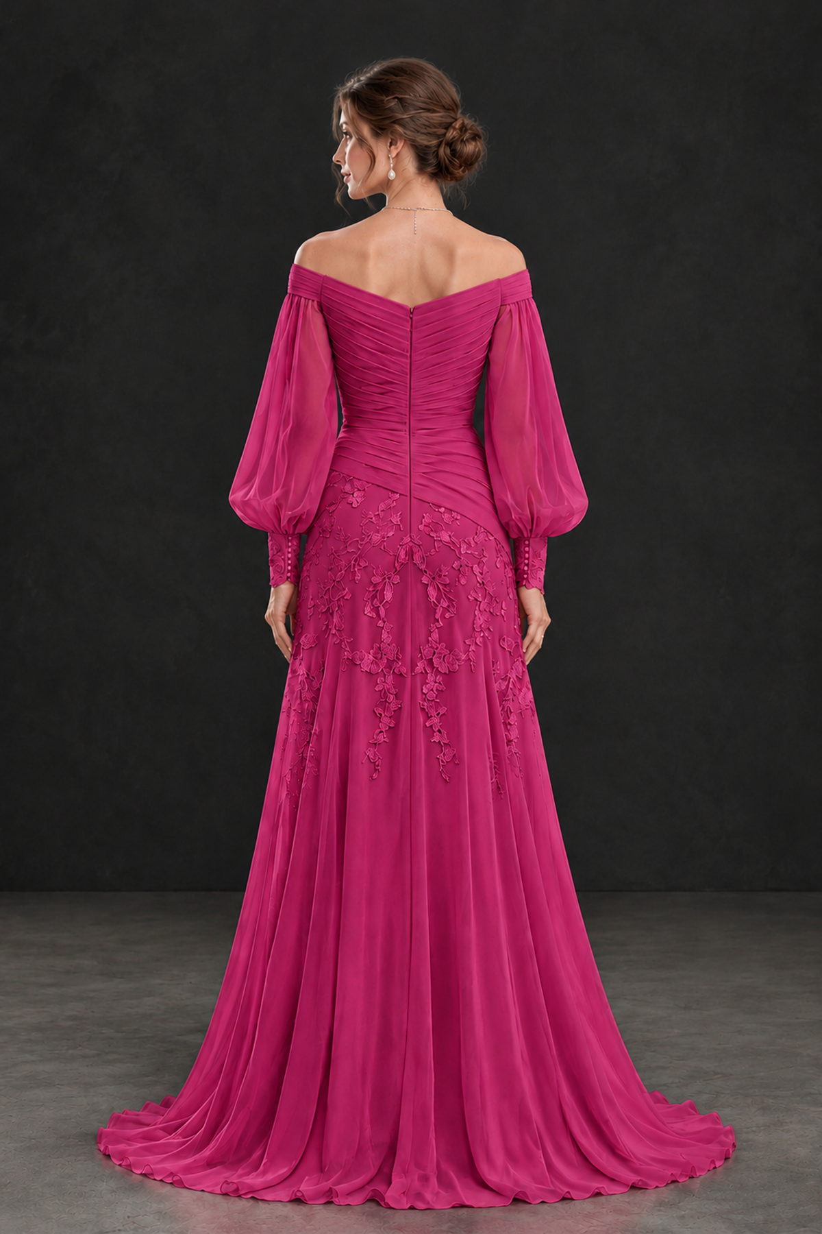 BOLODOO Fuchsia Long Sleeve Mother of the Bride Dress with Floral Appliqués - Fuchsia - Fuchsia (2)