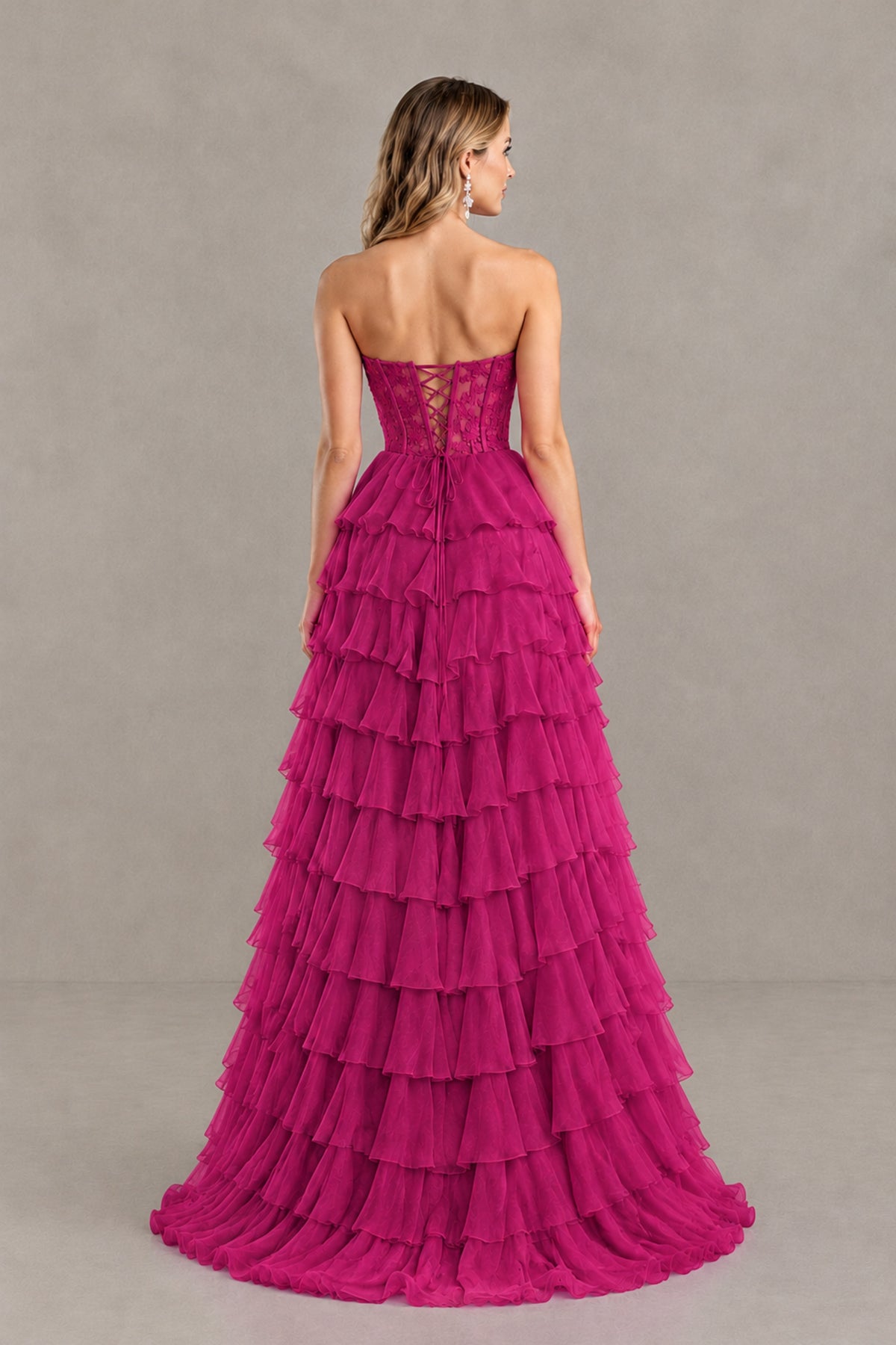 BOLODOO Fuchsia Strapless Lace Corset Tiered Ruffle Prom Dress with Slit - Fuchsia - Fuchsia (2)