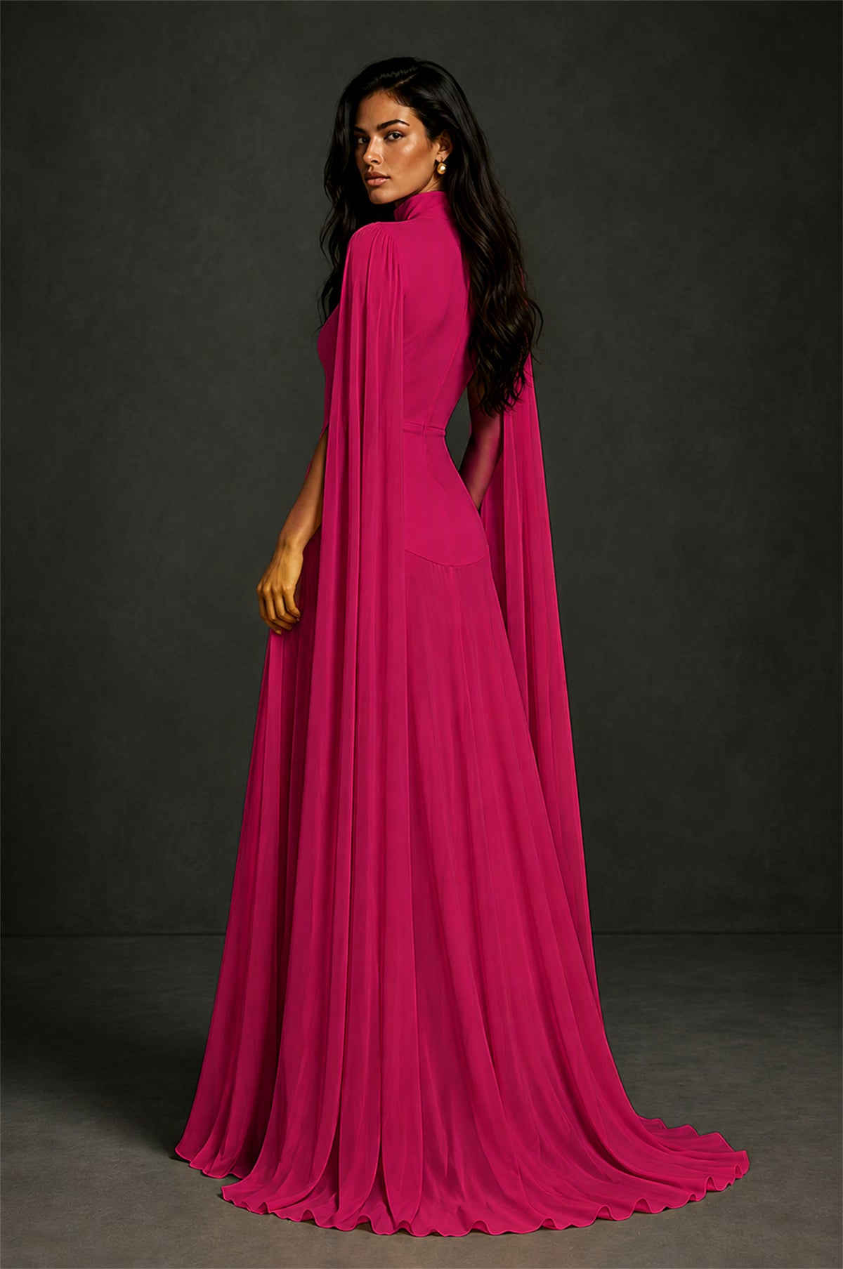 BOLODOO Fuchsia Mock Neck Cape Sleeve A-Line Chiffon Maxi Dress - Fuchsia - Fuchsia (2)