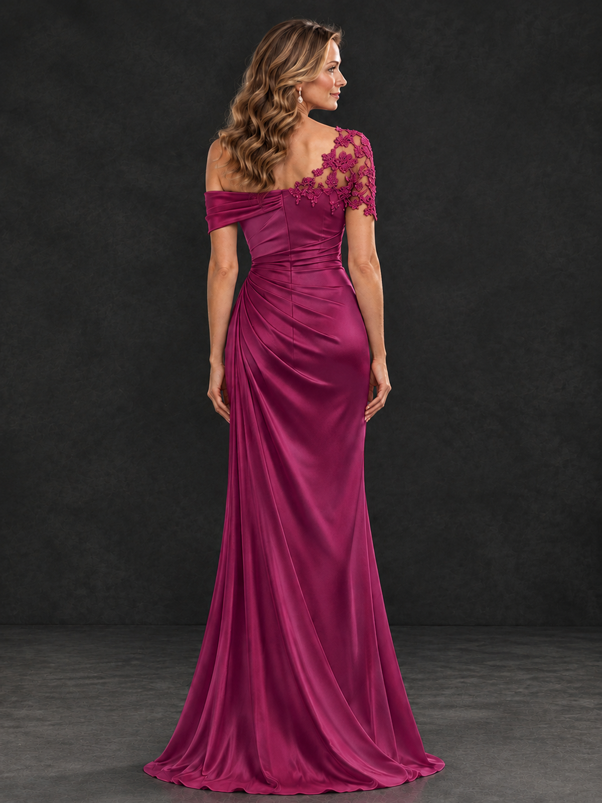 BOLODOO Fuchsia Asymmetric Satin Mother of the Bride Dress with Lace Sleeve - Fuchsia - Fuchsia (2)