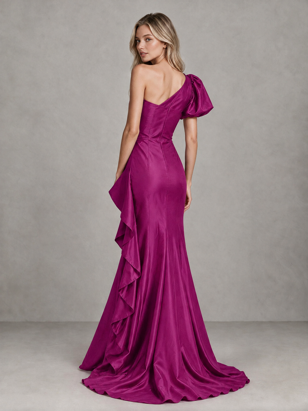 BOLODOO Fuchsia One-Shoulder Satin-Look Mermaid Evening Dress with Ruffles - Fuchsia - Fuchsia (2)