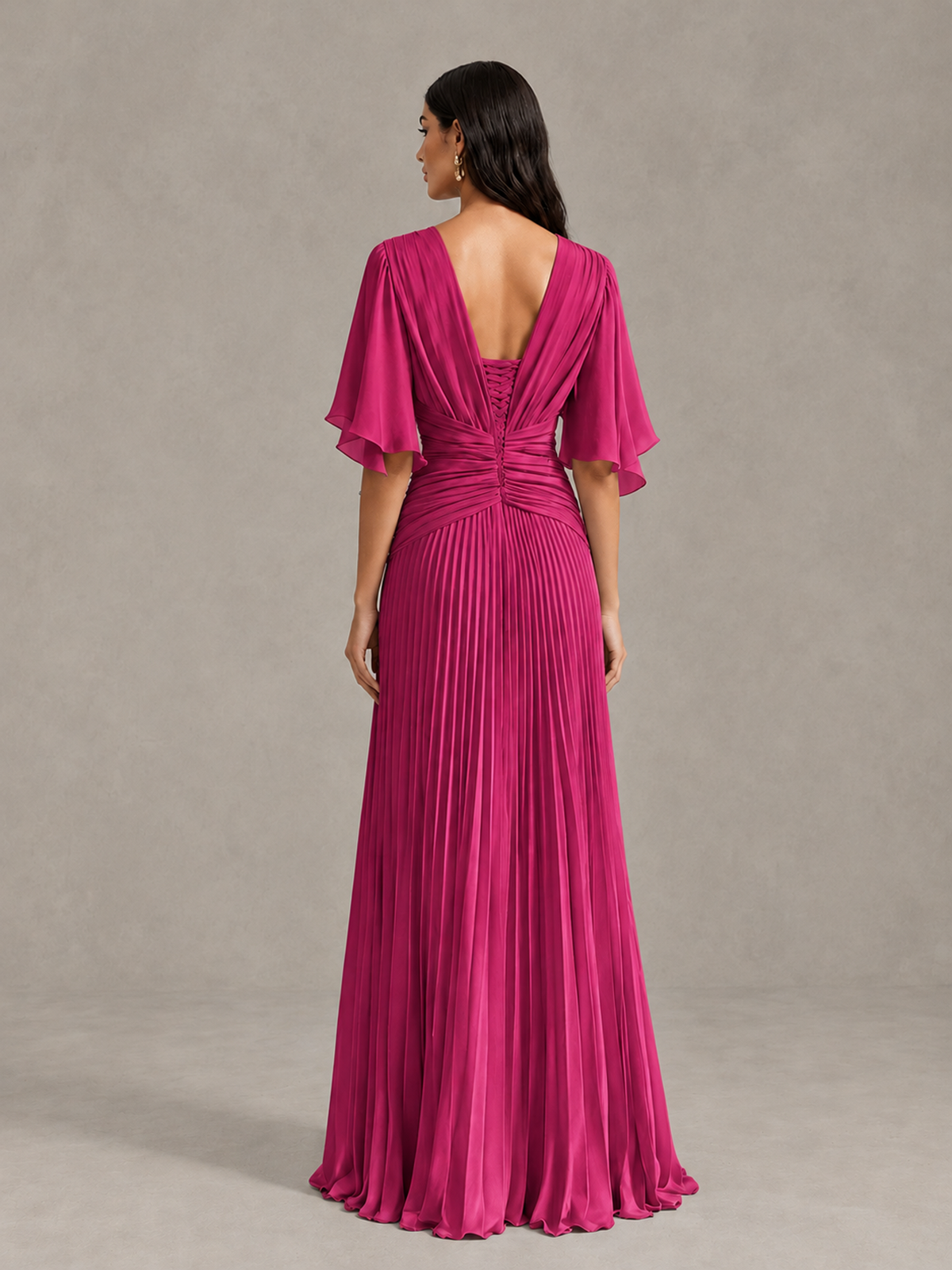 BOLODOO Fuchsia Pleated V-Neck Flutter Sleeve Bridesmaid Dress - Fuchsia - Fuchsia (2)