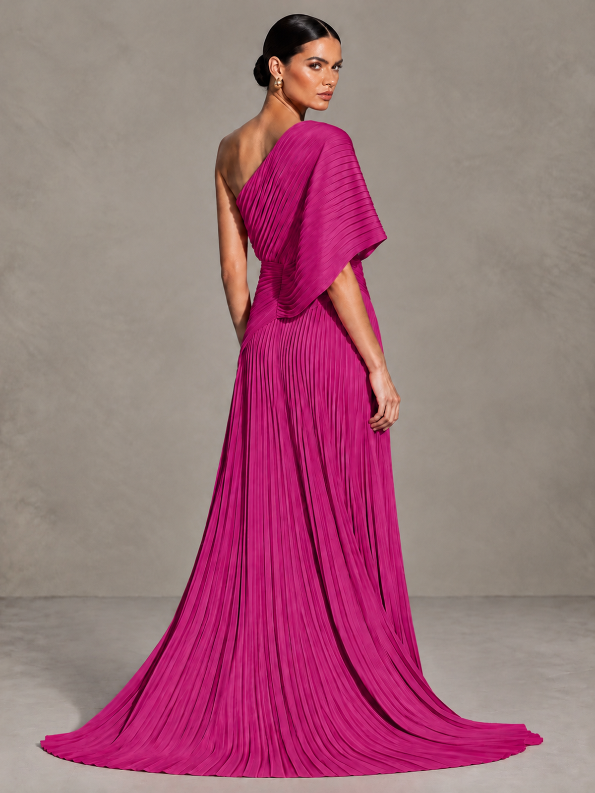 BOLODOO Fuchsia One-Shoulder Pleated Cape Evening Gown with Train - Fuchsia - Fuchsia (2)