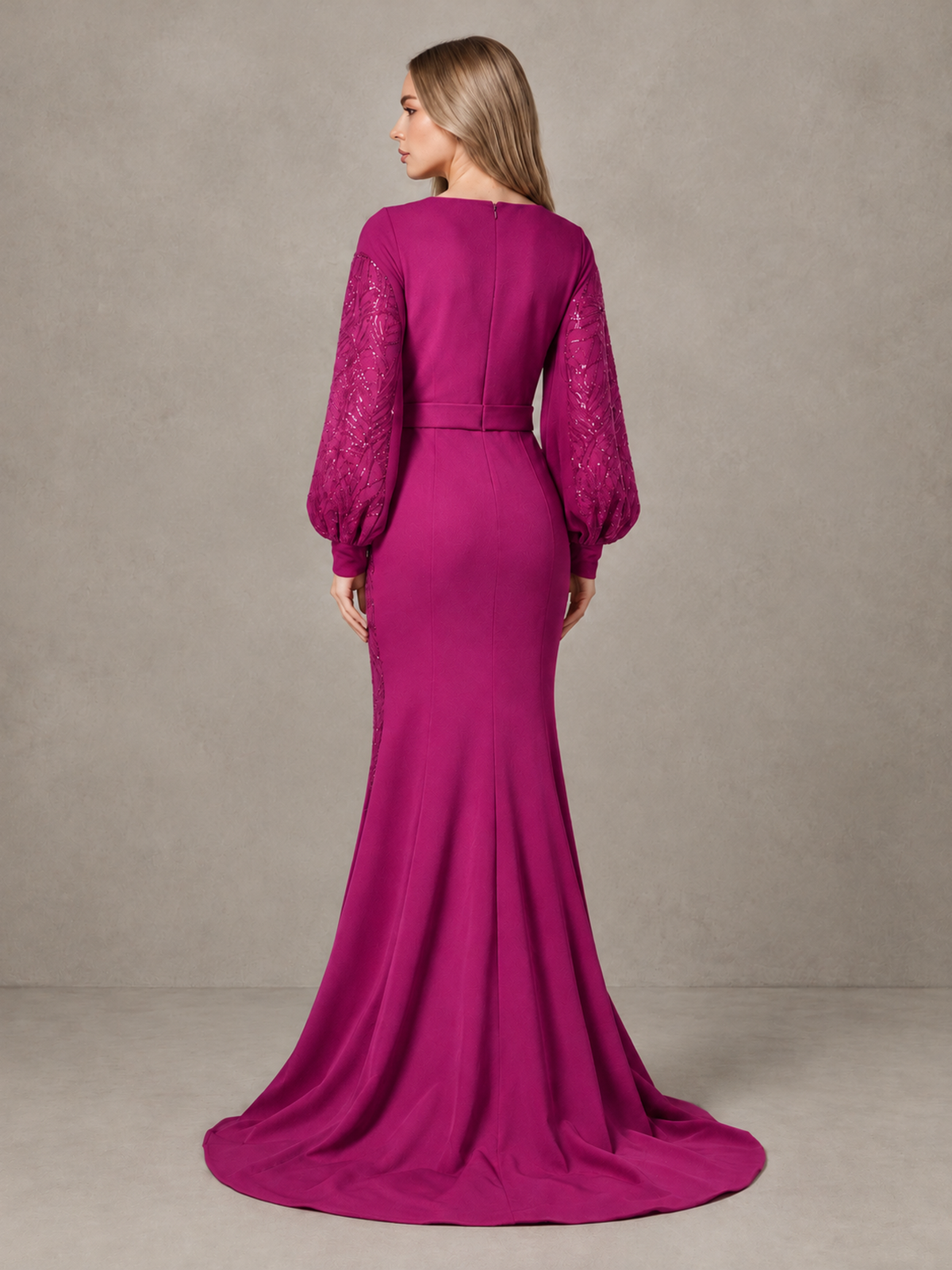 BOLODOO Fuchsia Sequin Long Bishop Sleeve Mermaid Evening Dress - Fuchsia - Fuchsia (2)