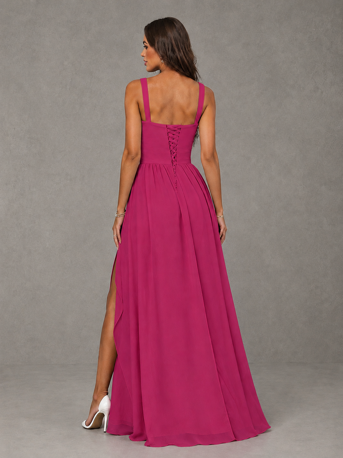 BOLODOO Fuchsia A-Line Bridesmaid Dress with High Slit & Lace-Up Back - Fuchsia - Fuchsia (2)