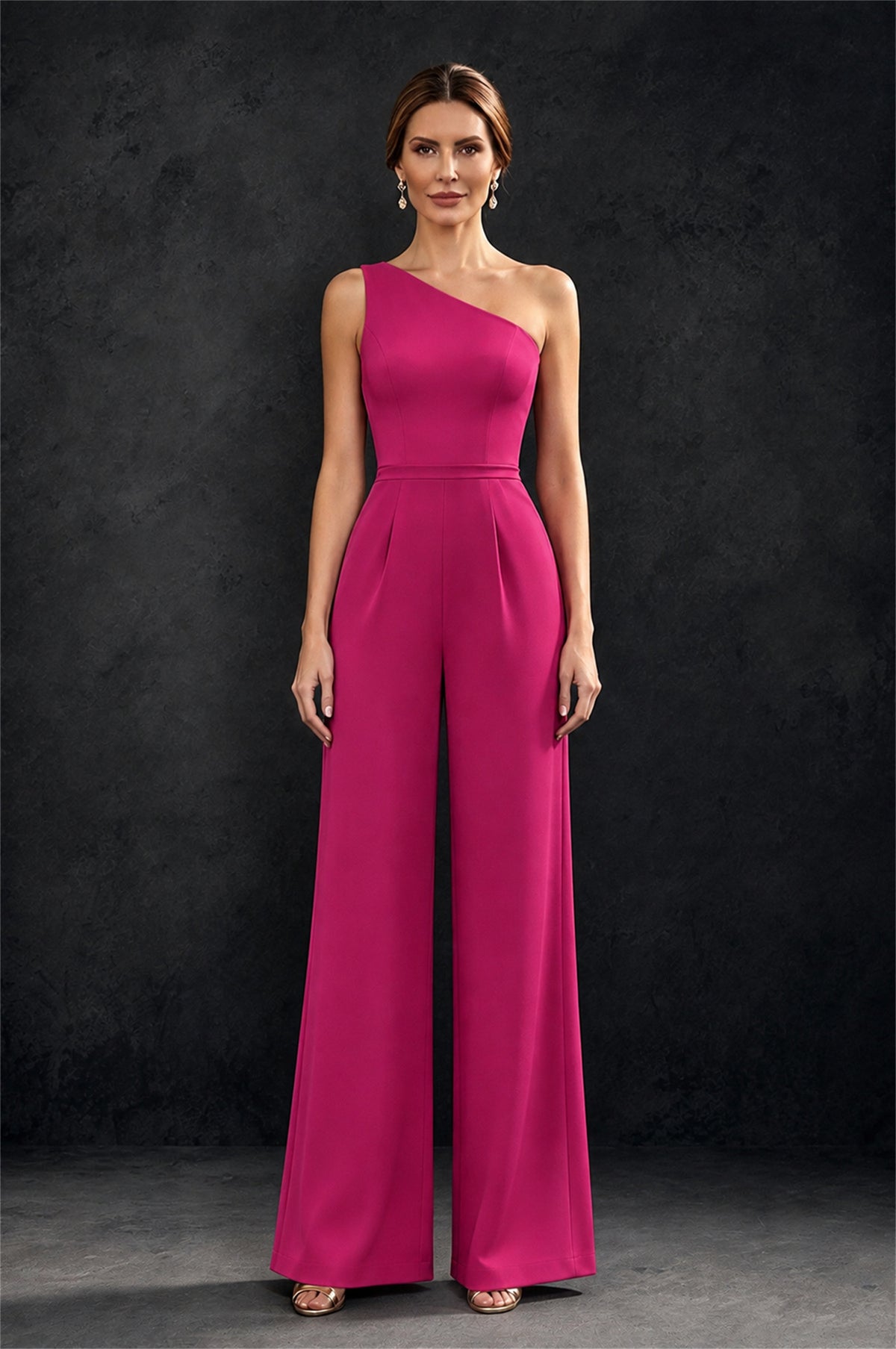 BOLODOO Fuchsia 2-Piece Set: Off-Shoulder 3D Floral Cape Gown & One-Shoulder Wide-Leg Jumpsuit | BD0373 - Fuchsia
