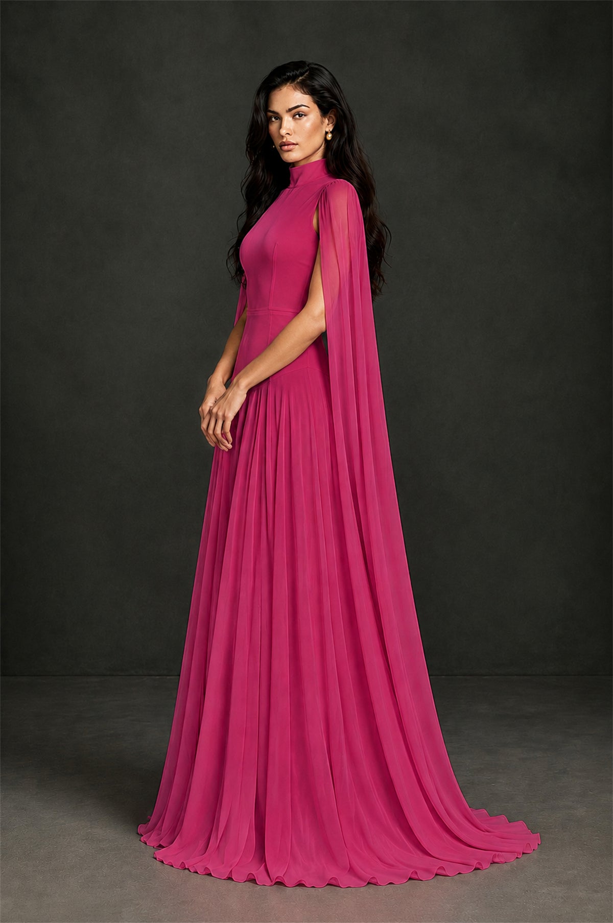 BOLODOO Fuchsia Mock Neck Cape Sleeve A-Line Chiffon Maxi Dress - Fuchsia - Fuchsia (3)