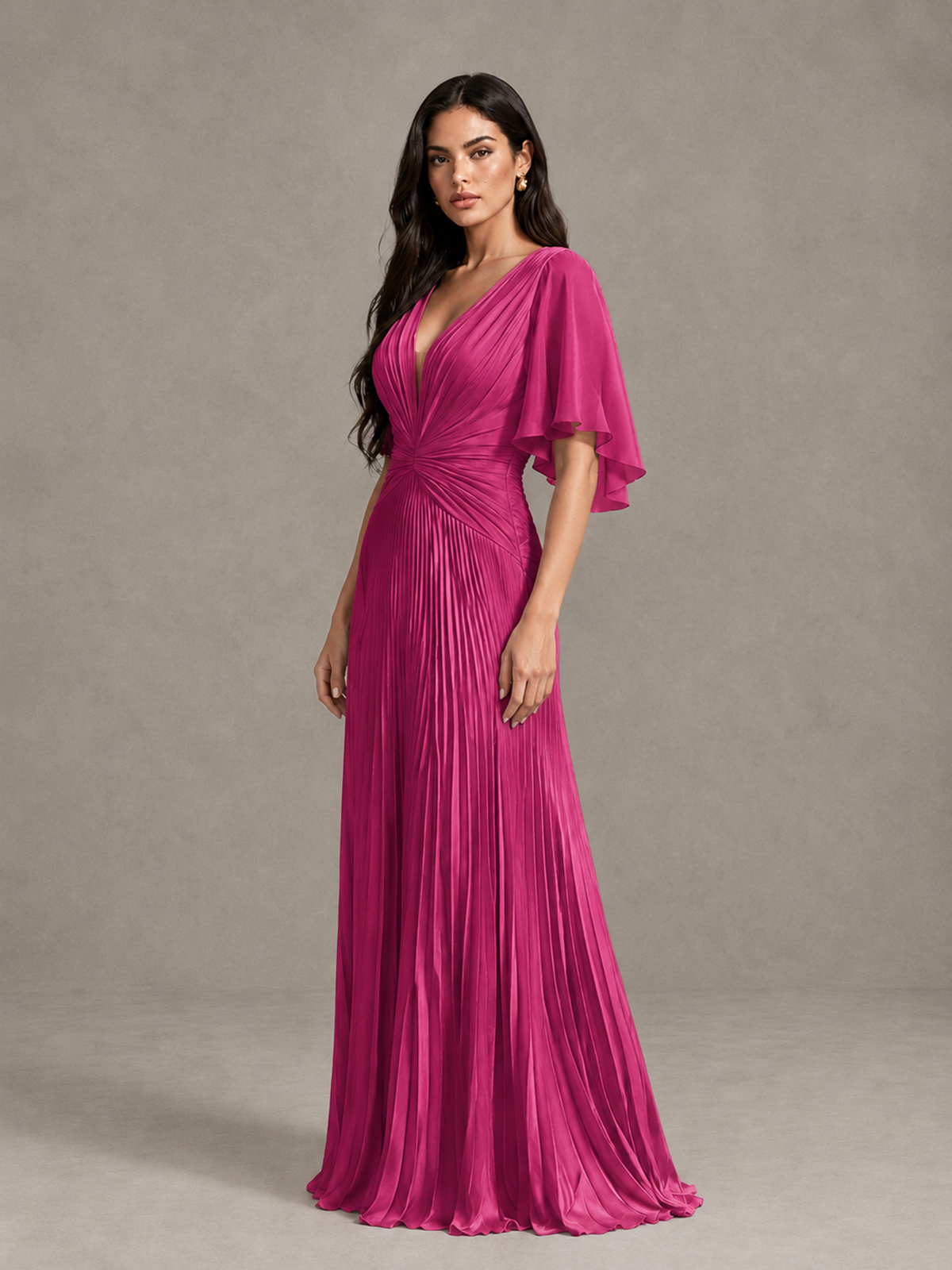 BOLODOO Fuchsia Pleated V-Neck Flutter Sleeve Bridesmaid Dress - Fuchsia - Fuchsia (3)