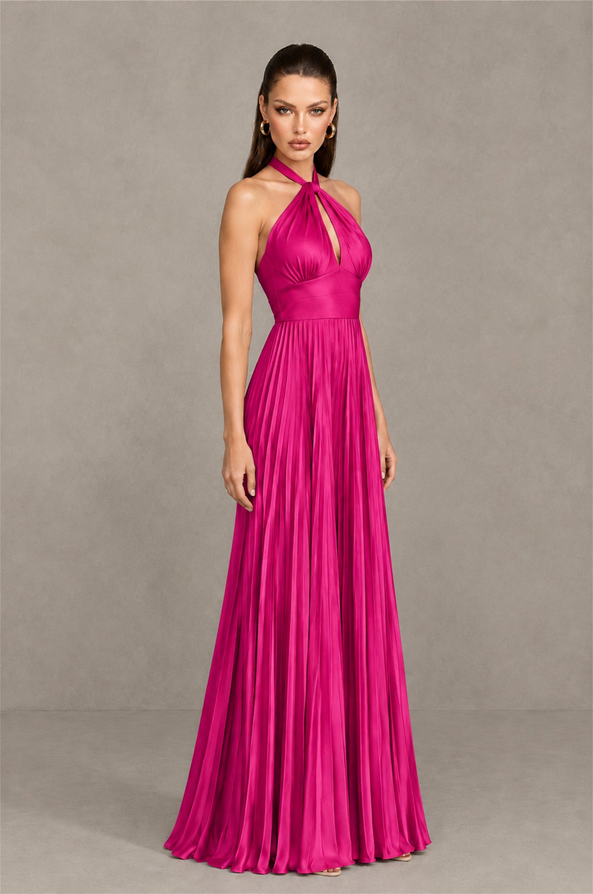BOLODOO Fuchsia Halter Pleated A-Line Evening Dress - Fuchsia